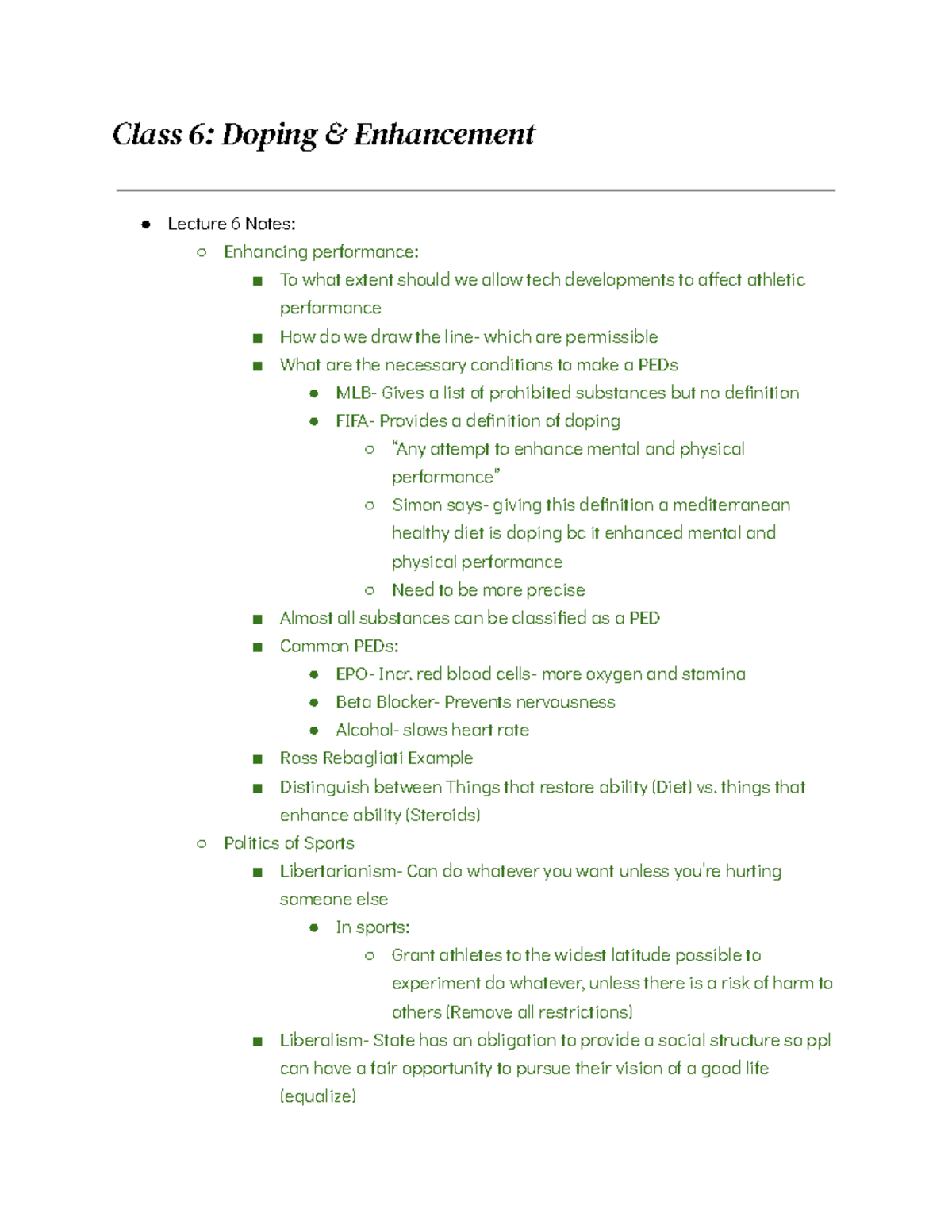PHL276: Lecture 6 Notes on Doping and Athletic Performance Ethics - Studocu