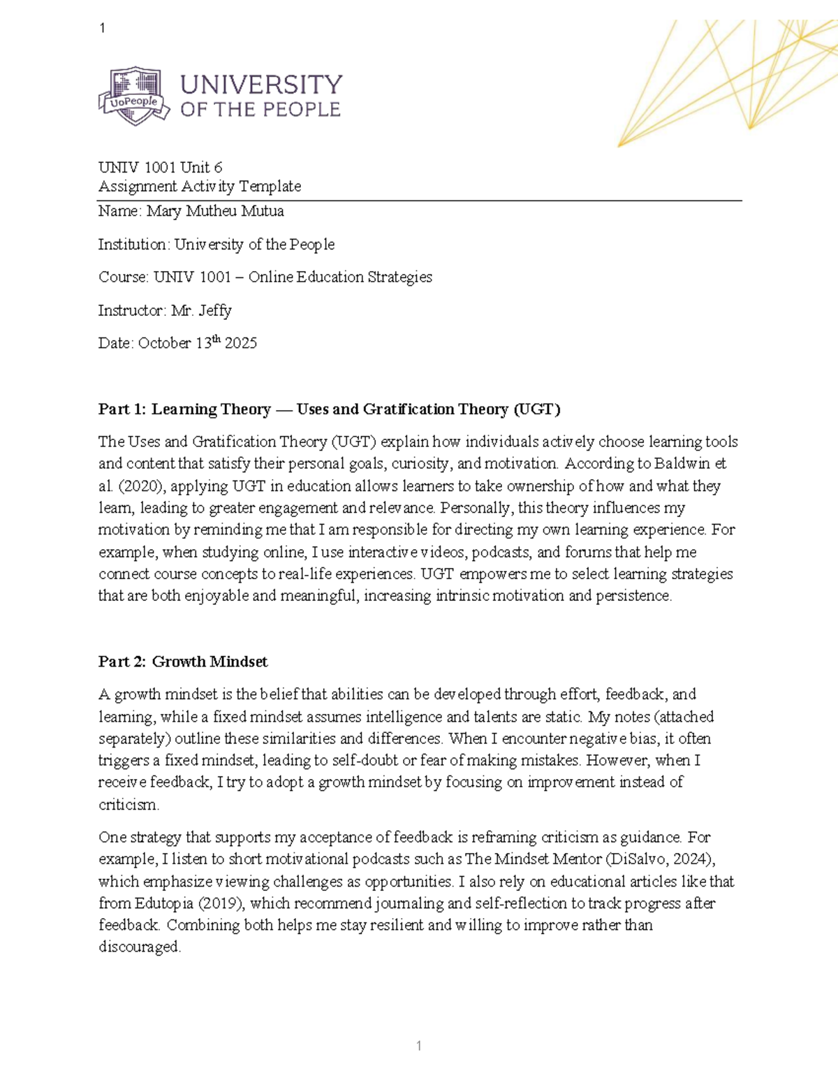 UNIV 1001 Unit 6 Assignment: Learning Theories & Growth Mindset - Studocu