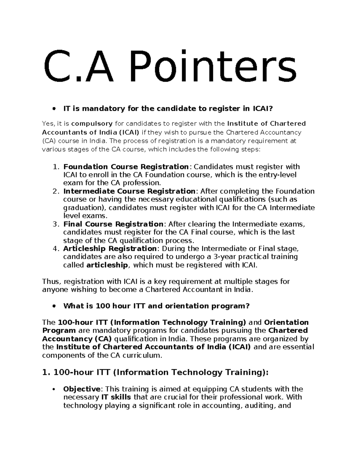 CA Registration and Training Requirements for ICAI - Studocu