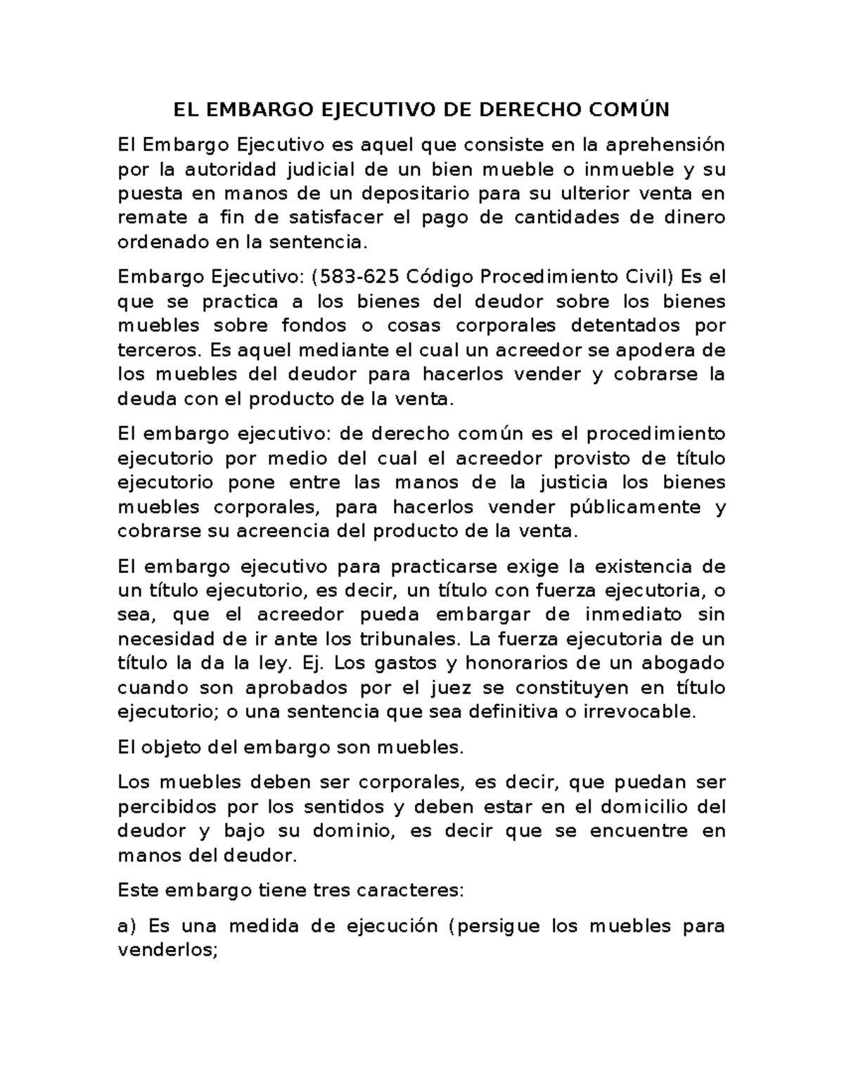 EL Embargo Ejecutivo de Derecho Común: Conceptos y Procedimiento - Studocu