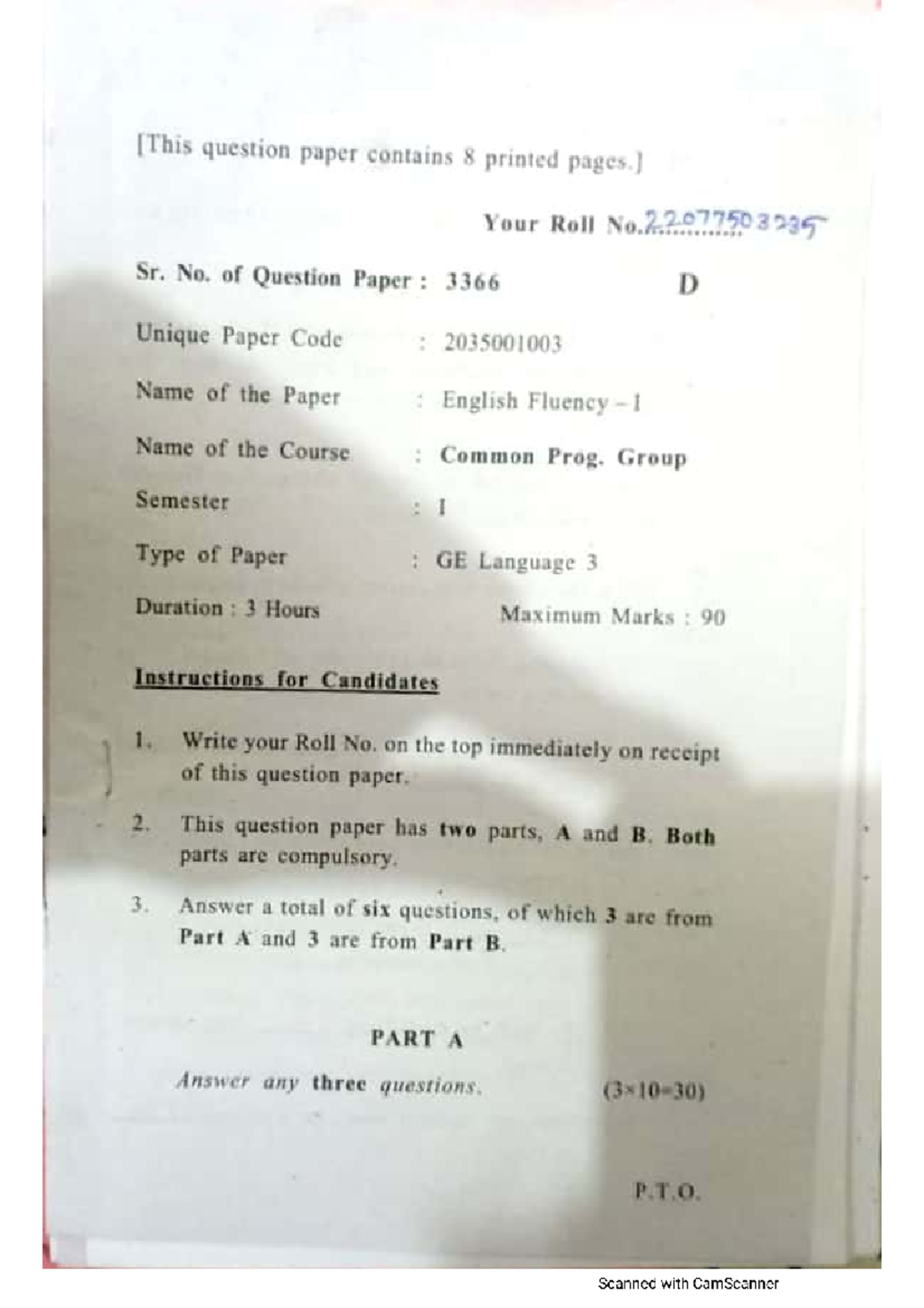 English Fluency I GE - Question Paper for Semester I (Code: 2035001003 ...