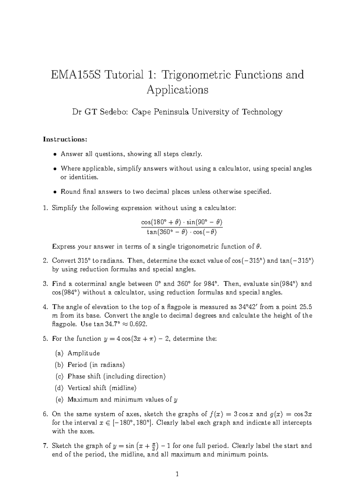 EMA155S Tutorial 1: Trigonometric Functions & Applications Questions ...