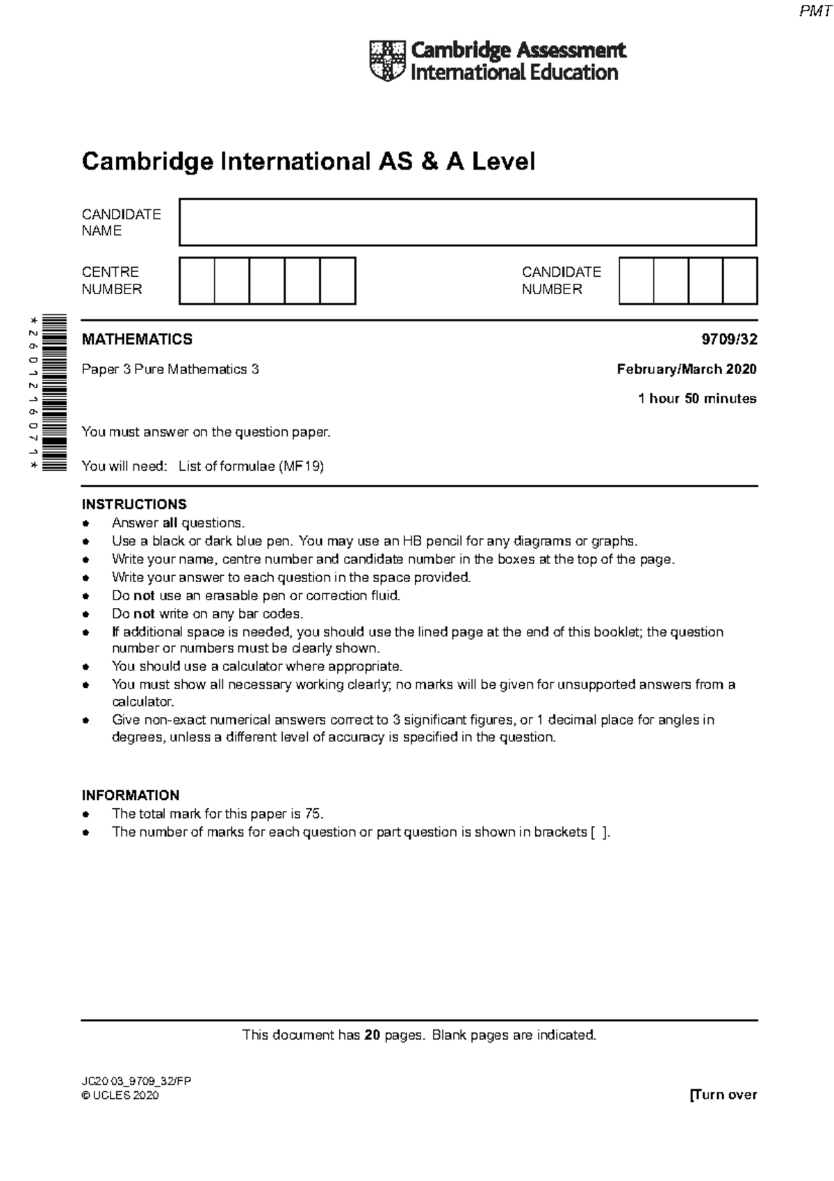Mathematics Paper 3 Pure Mathematics 3 (AS Level) - March 2020 QP - Studocu