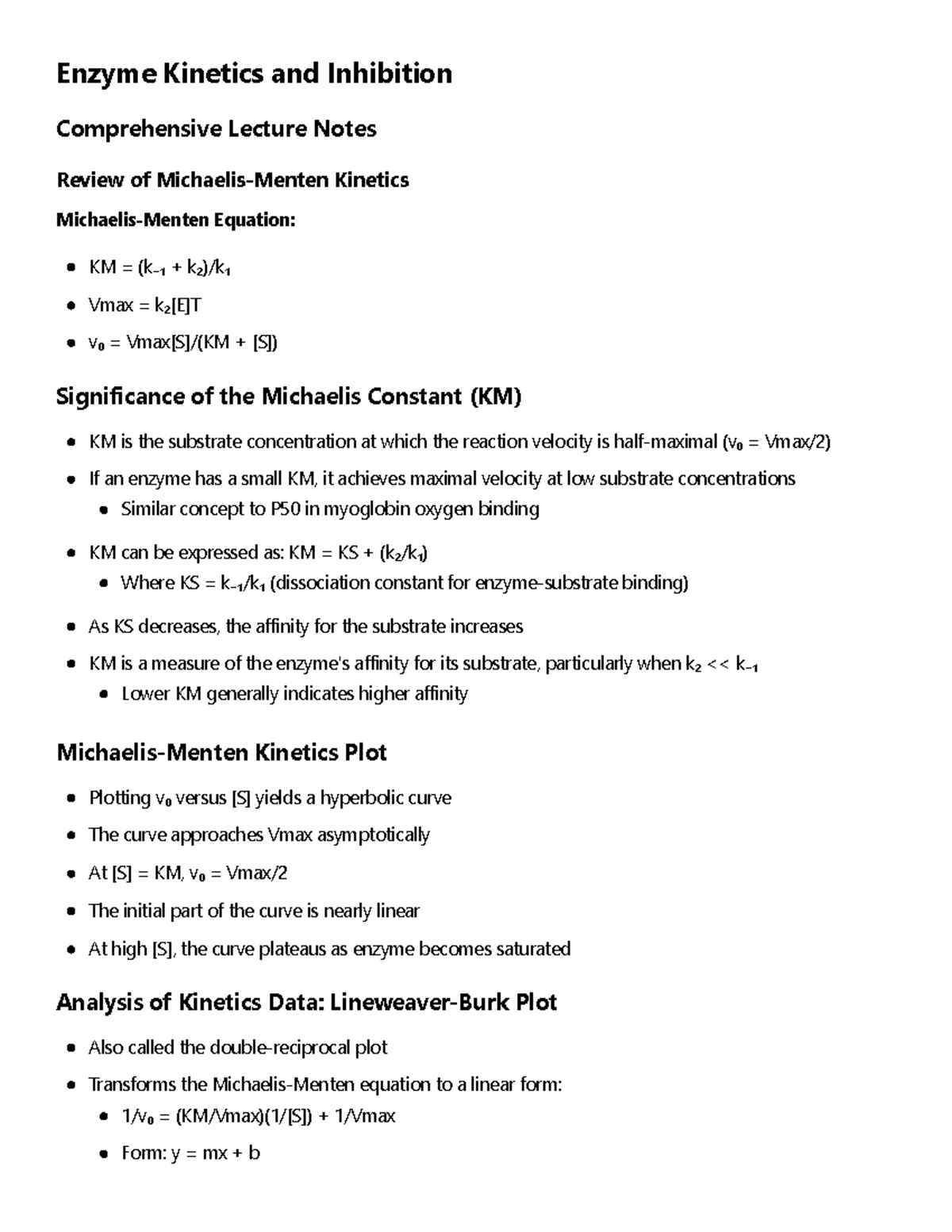 Lecture 19 notes - Enzyme Kinetics and Inhibition Comprehensive Lecture ...