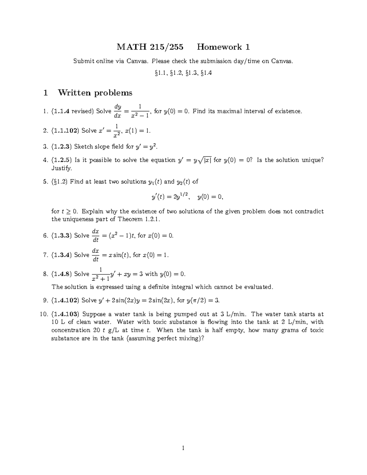 HW1 - Differantial equations practice - MATH 215/255 Homework 1 Submit ...