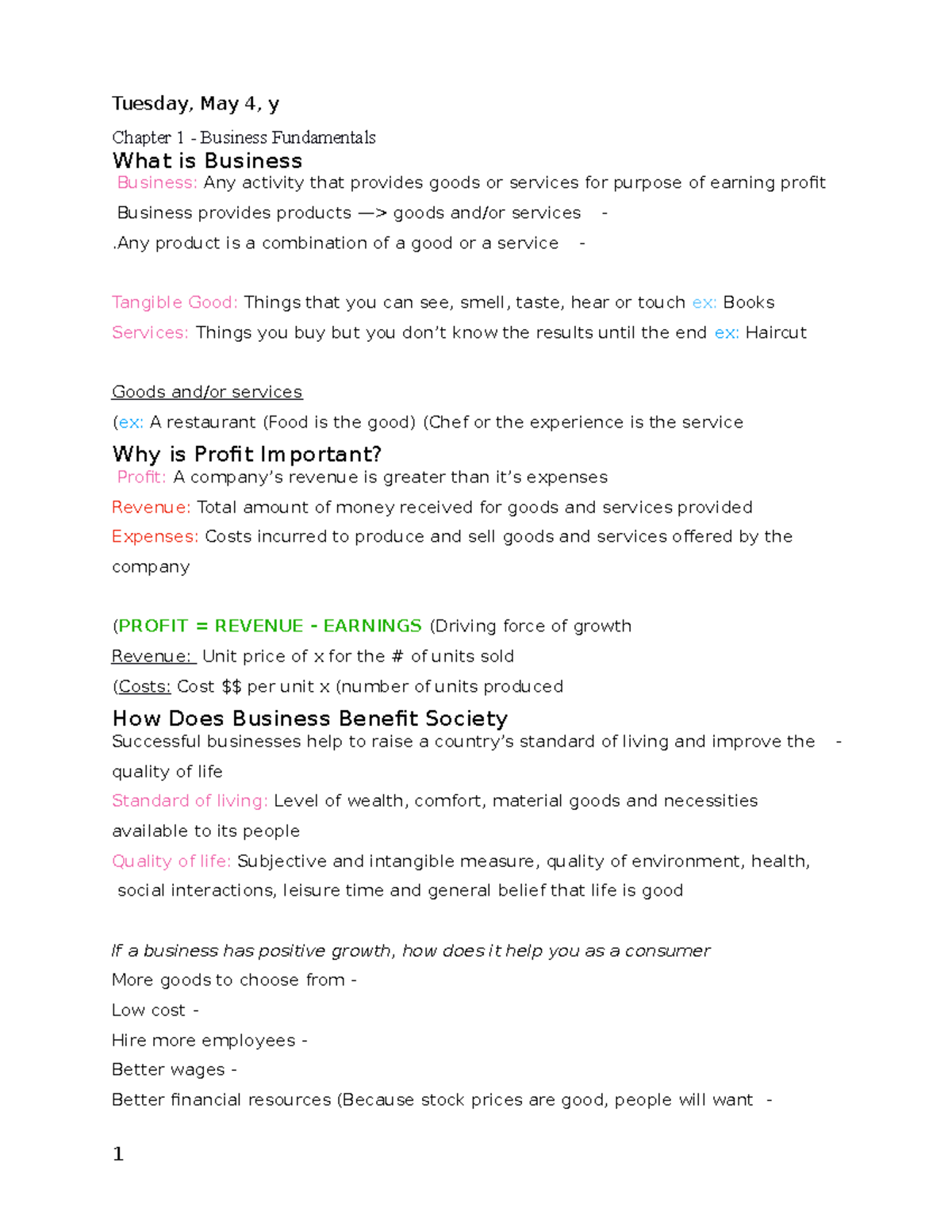 Business Fundamentals Chapter 1 Notes (BUS101) - Studocu