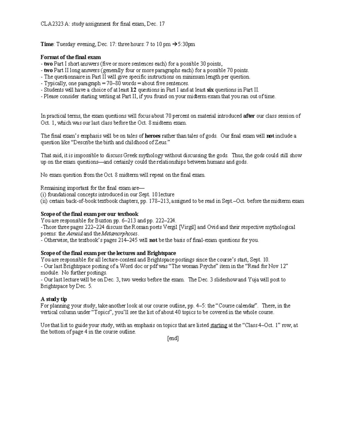 CLA2323 Final Exam Study Guide and Format Overview for Dec 17 - Studocu