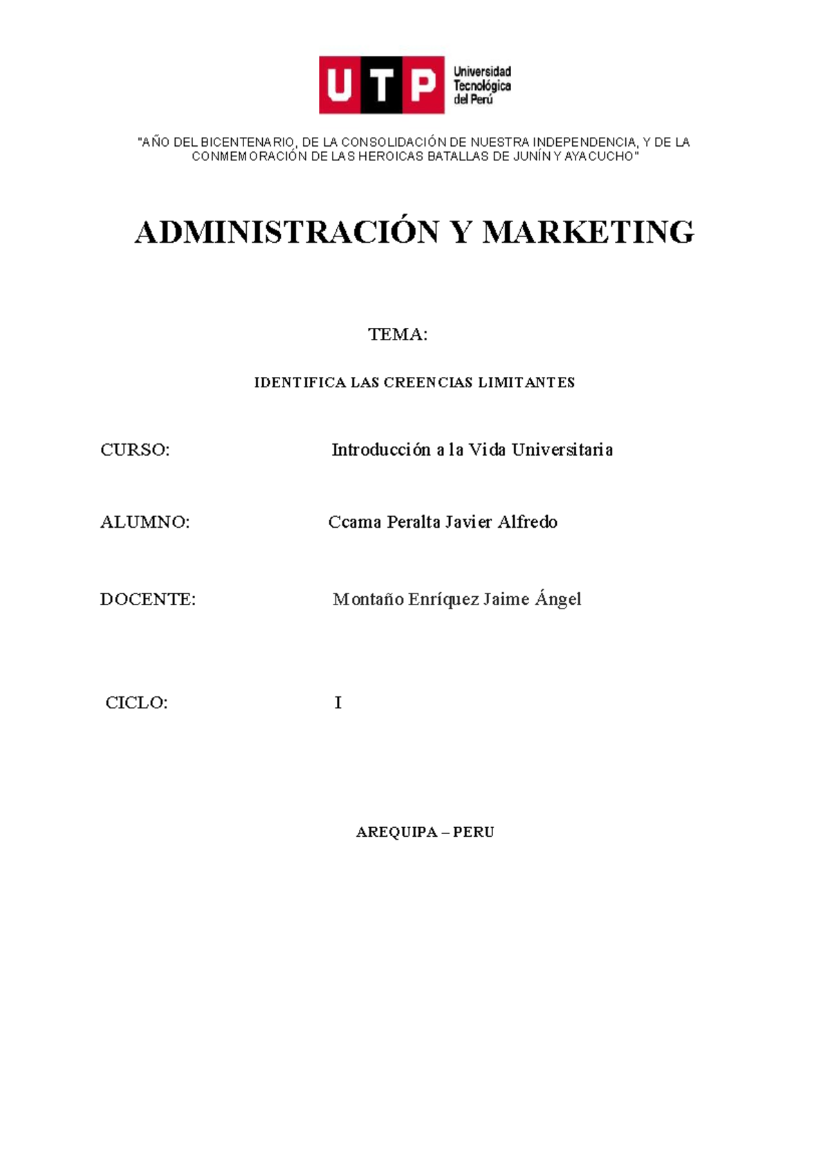 S10.s1 - Tarea: Identificación de Creencias Limitantes en la Vida Universitaria - Document Preview
