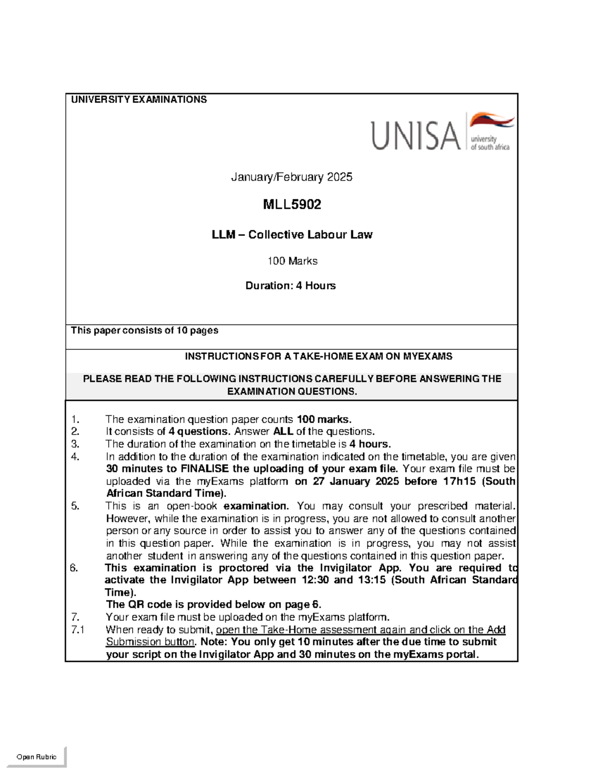 MLL5902 Final Exam Instructions for Collective Labour Law 2025 - Studocu