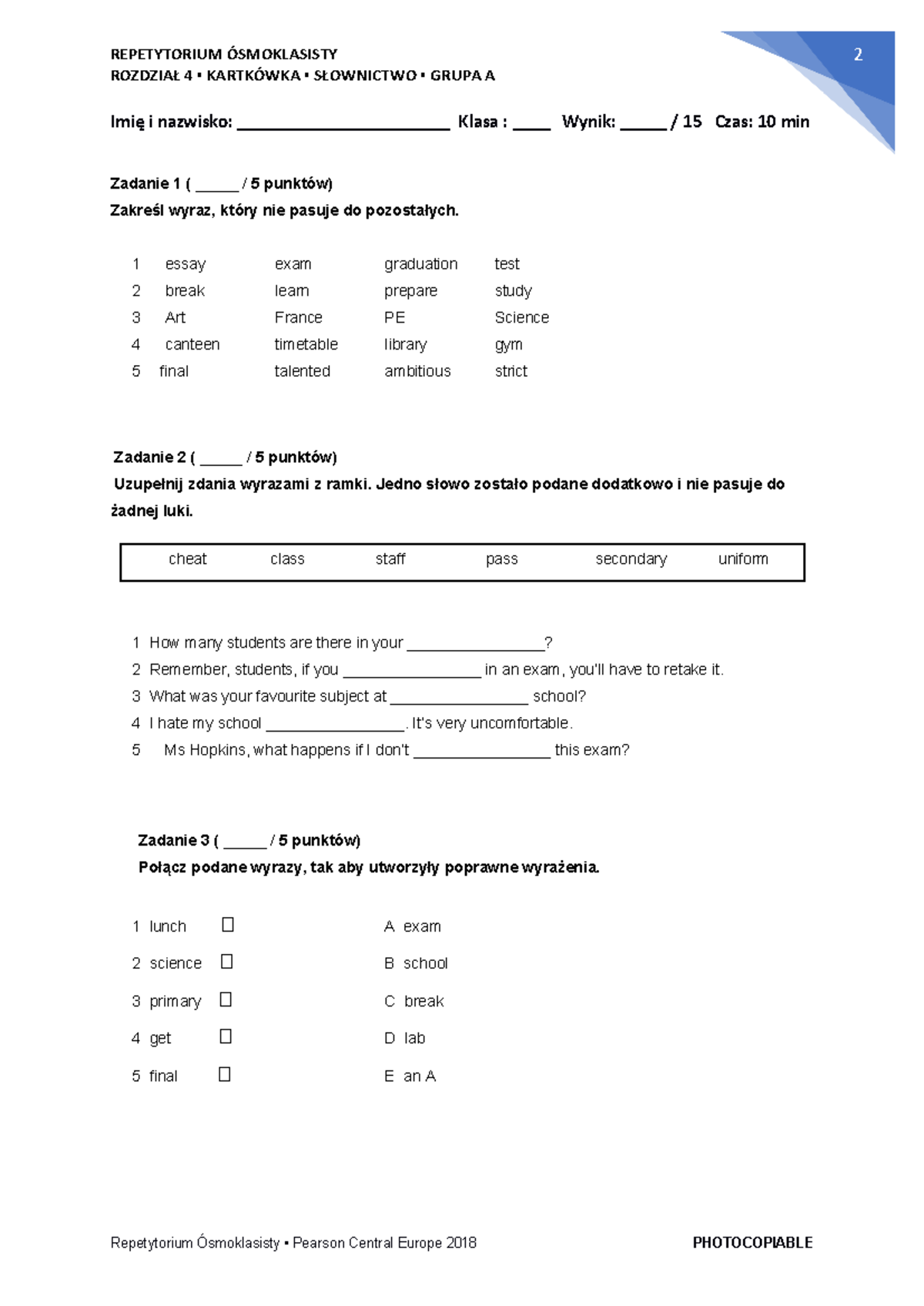 Sprawdzian Język Angielski Klasa 8 www.studocu.com