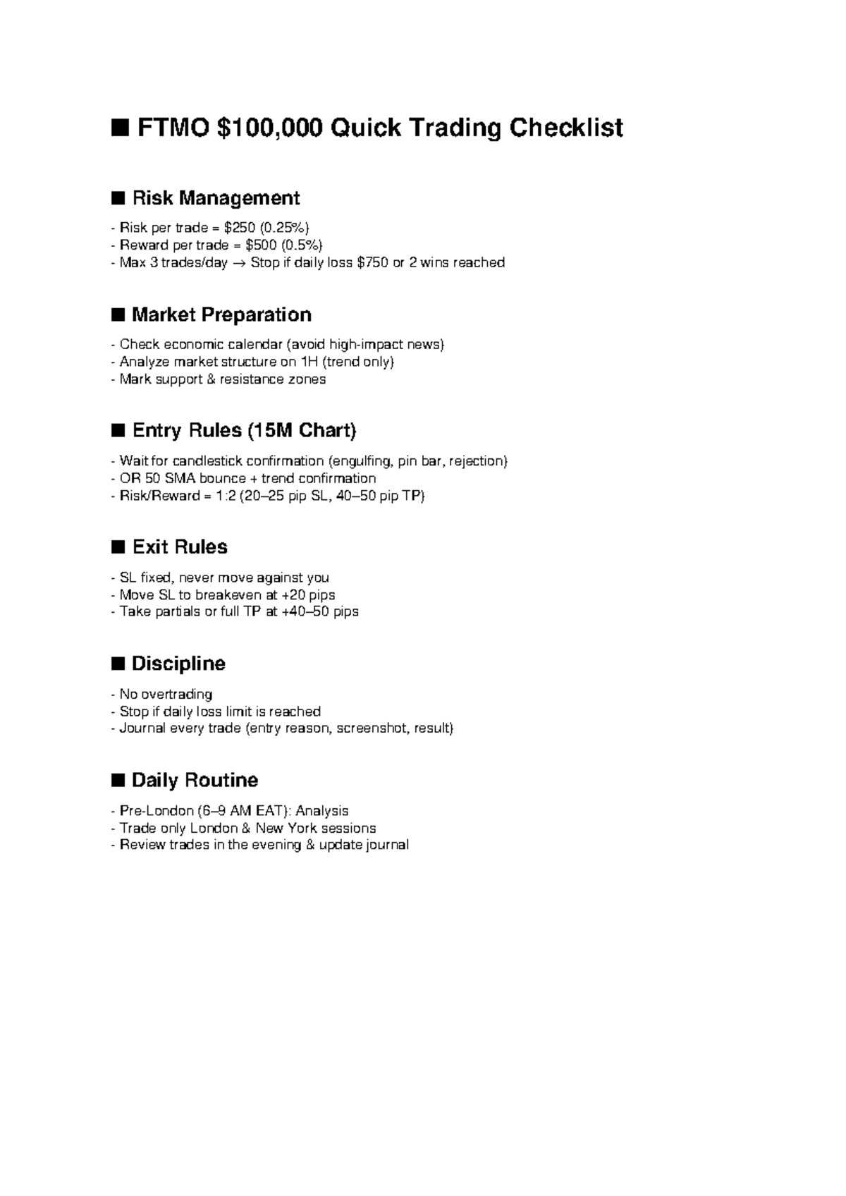 FTMO Quick Trading Checklist: Risk Management & Entry Rules - Studocu
