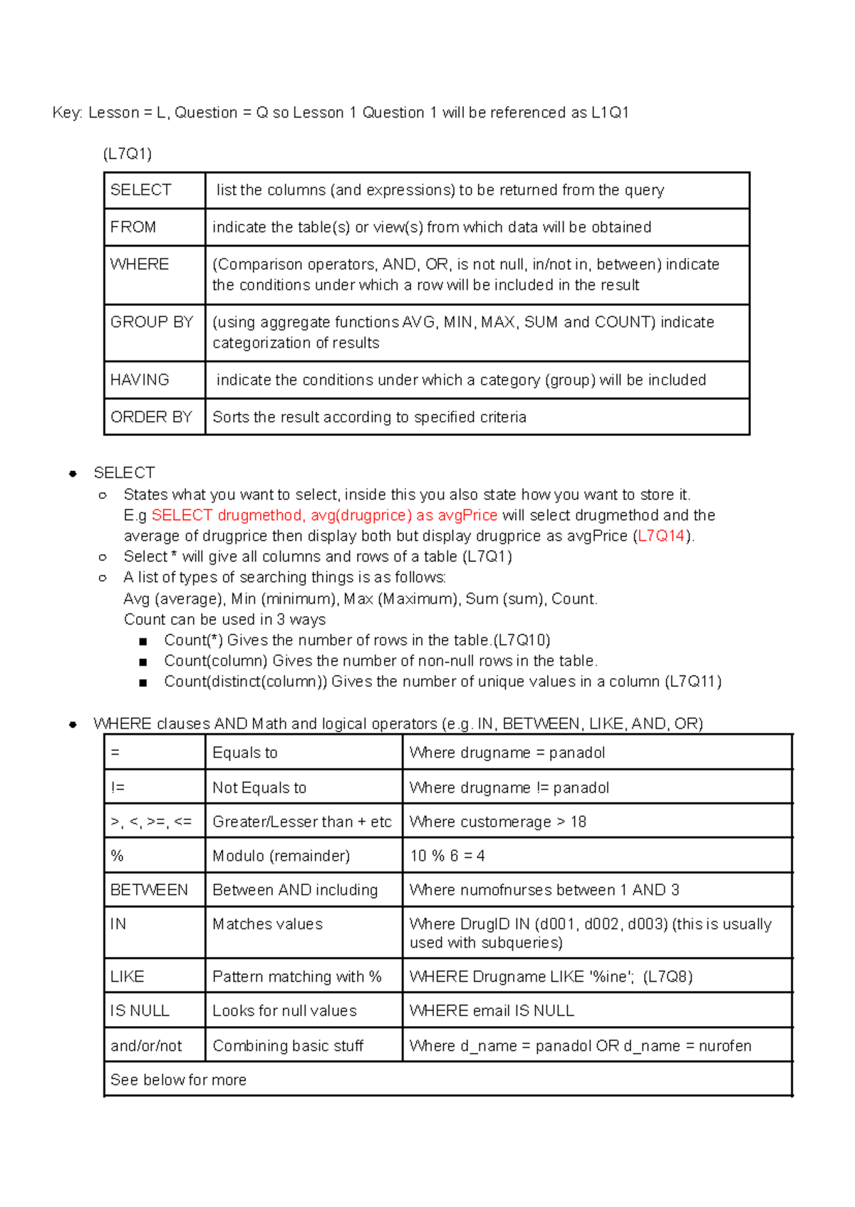 SQL Study Notes: Lesson L7 - Key Concepts and Queries - Studocu