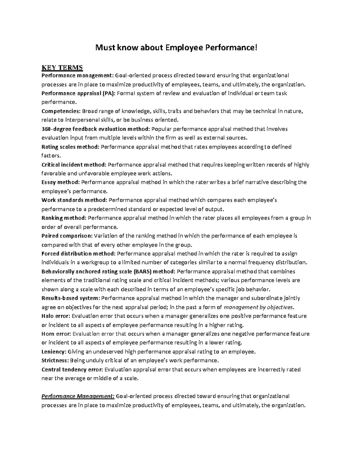 Employee Performance Essentials: Key Terms & Appraisal Methods - Studocu