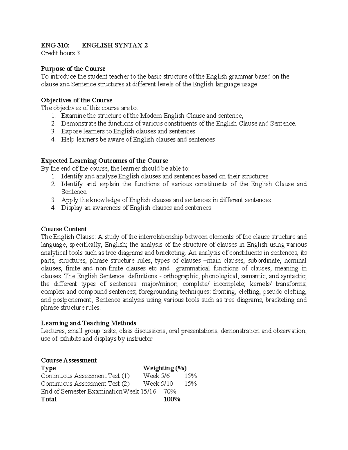ENG 310: English Syntax Course Overview and Learning Outcomes - Studocu