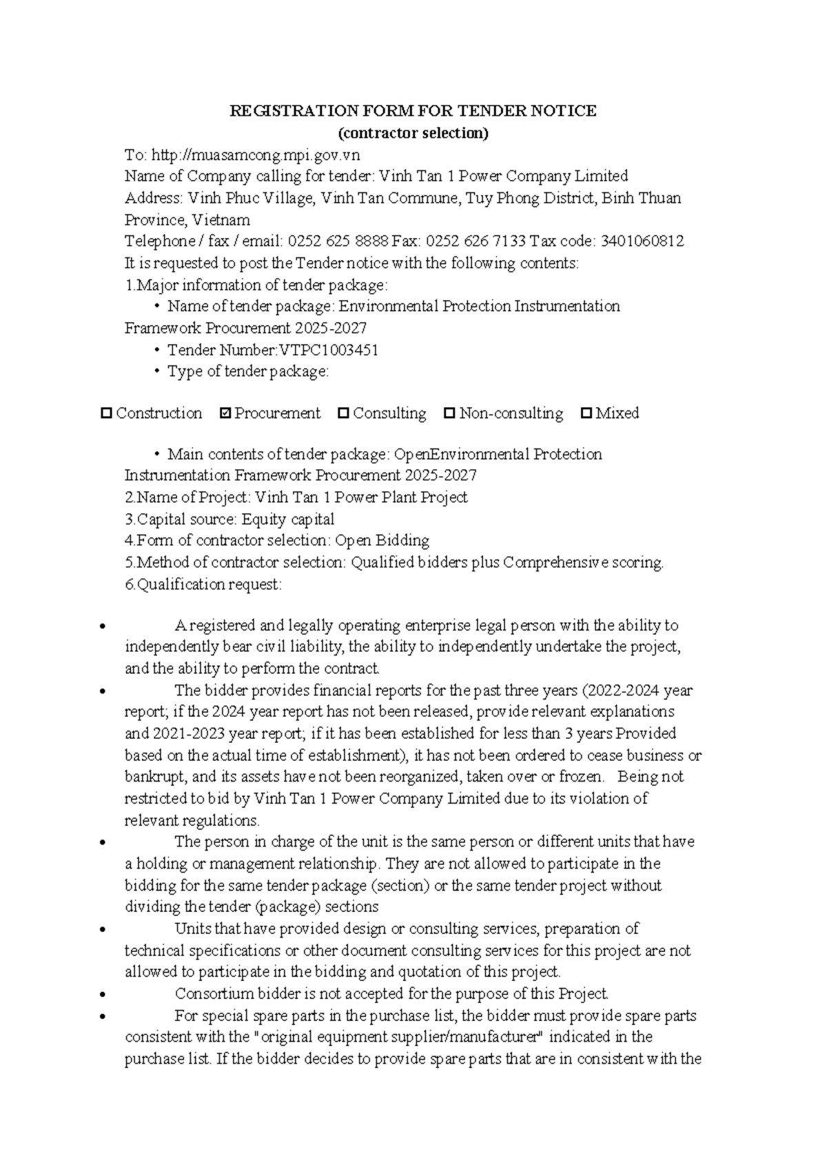 VTPC1003451 Tender Registration Form for Environmental Protection - Studocu