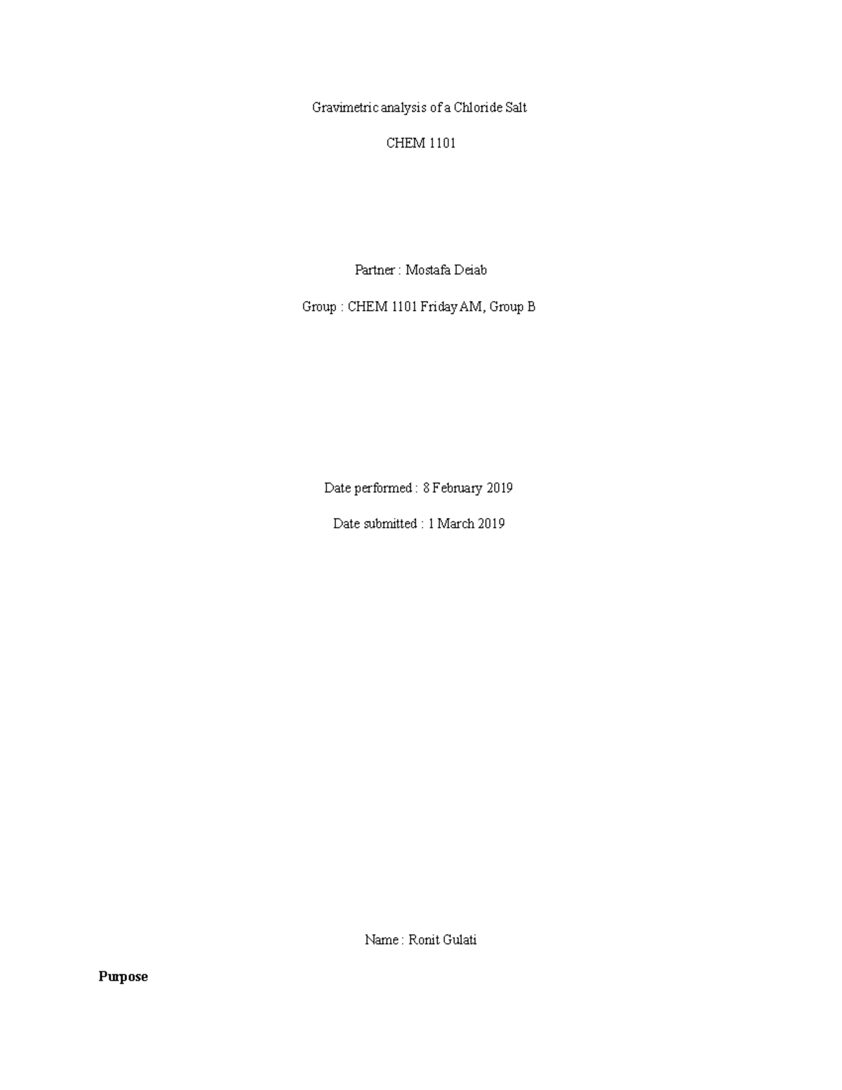 Chem 1101 - Gravimetric analysis of a Chloride Salt CHEM 1101 Partner ...