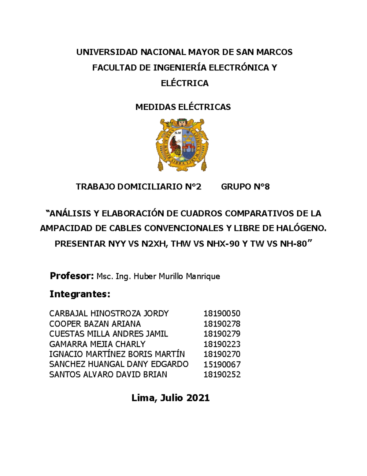 Análisis de Ampacidad de Cables: Trabajo Domiciliario N°2 - G8 - Document Preview