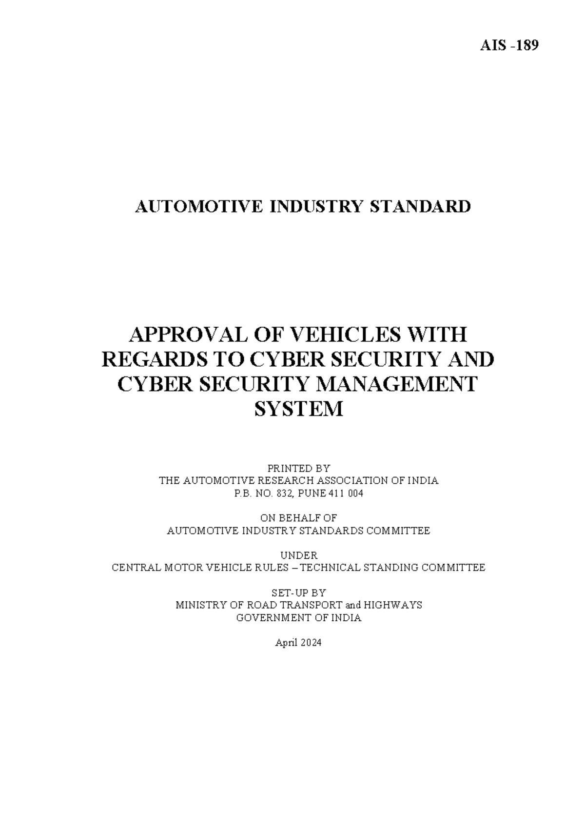 AIS 189 - Approval for Vehicle Cyber Security Management Standards ...