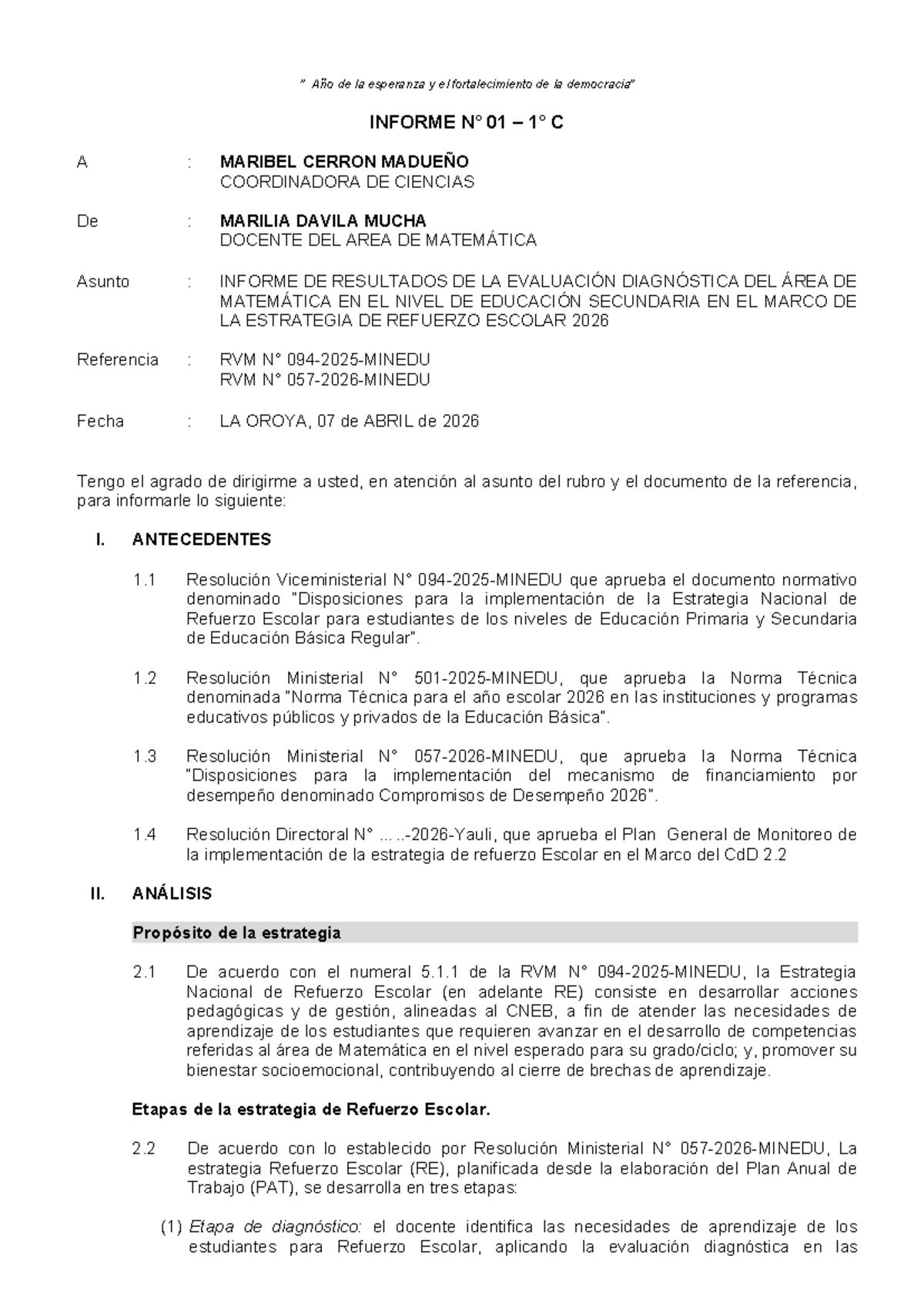 Informe de Resultados de Evaluación Diagnóstica de Matemática 01 C - Document Preview