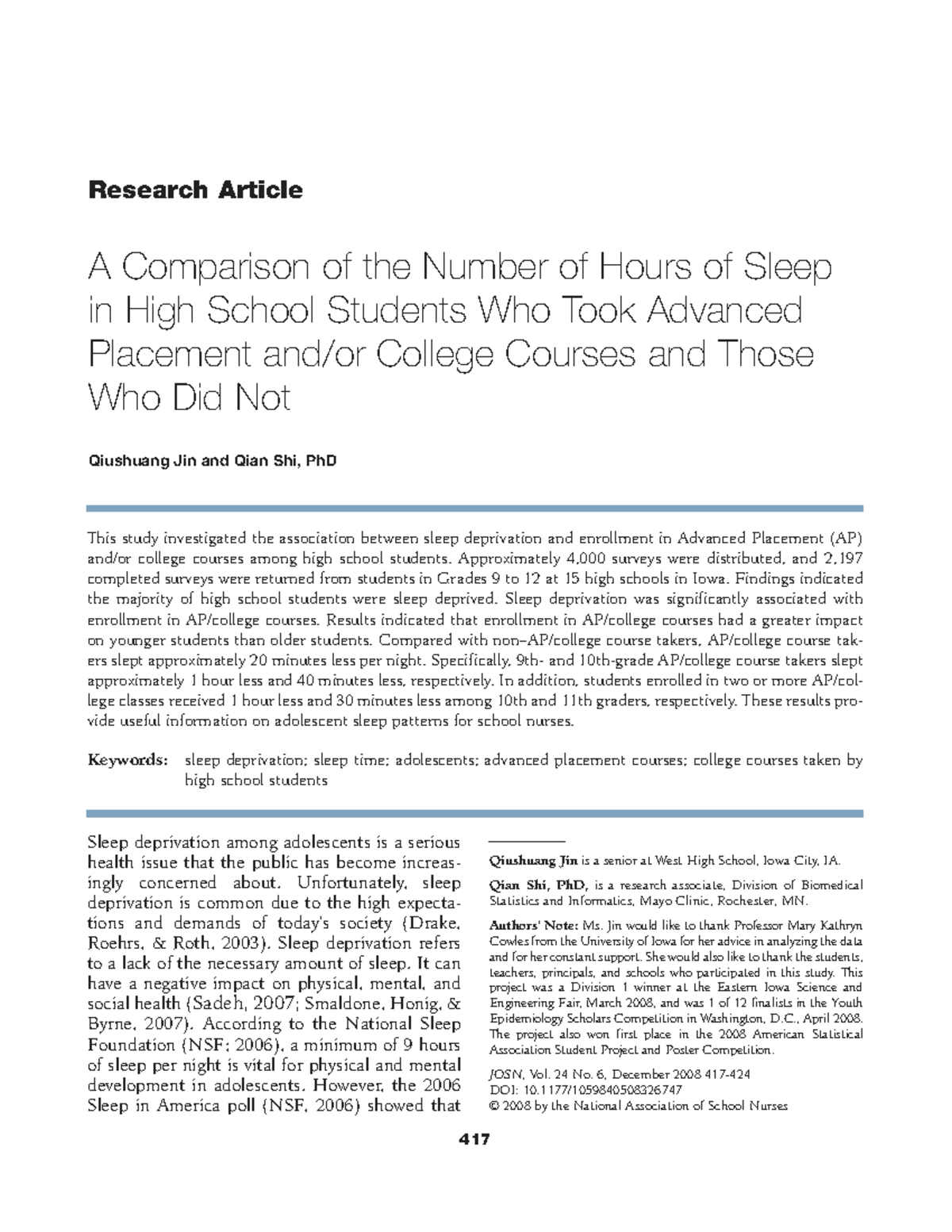 The Impact of AP/College Courses on Sleep Deprivation in High School ...