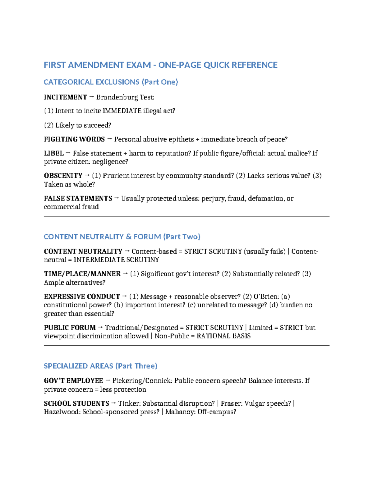 First Amendment Exam Quick Reference: Attack Overview Outline - Studocu