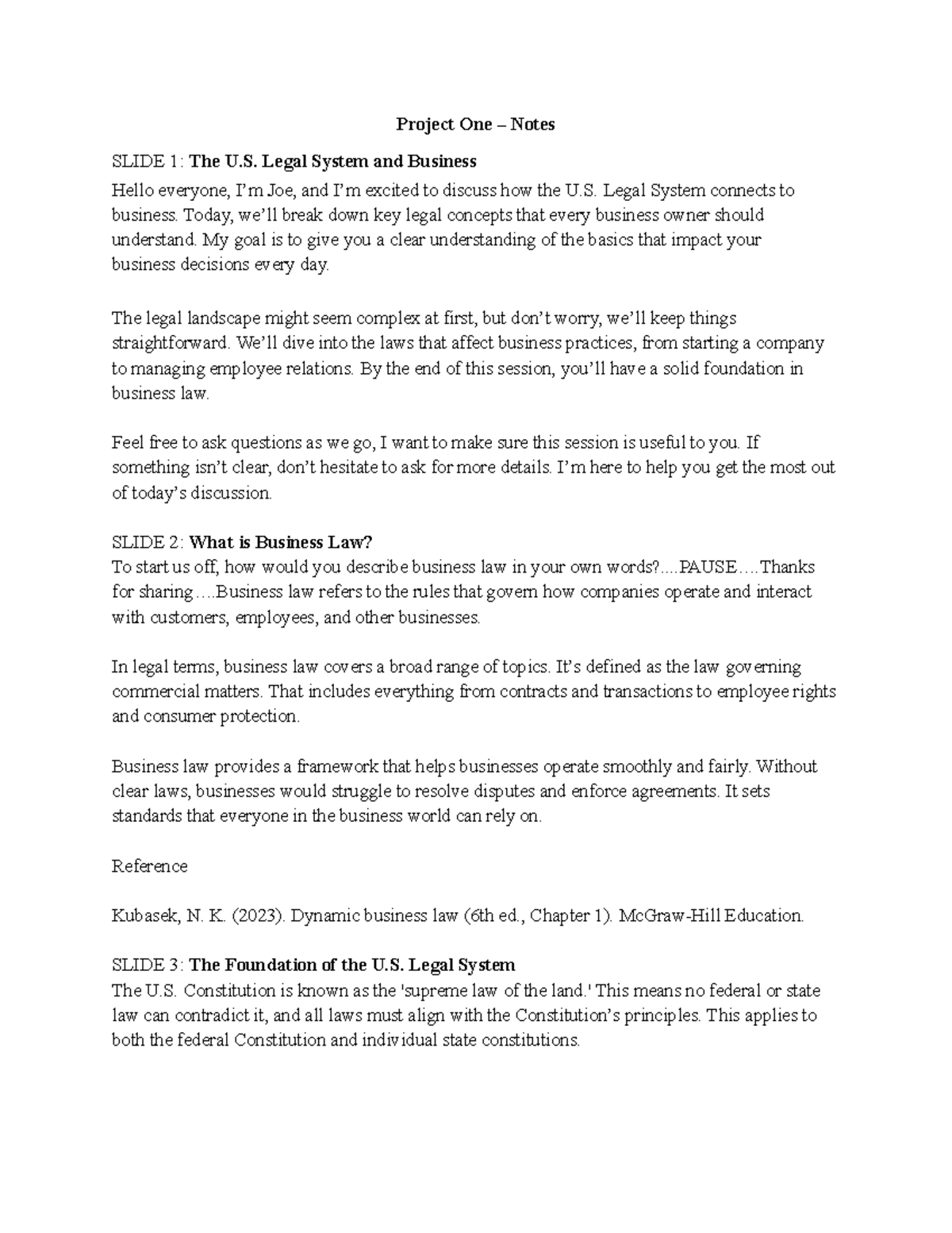 BUS 206 Project One Slide Notes: Overview of U.S. Business Law Concepts ...