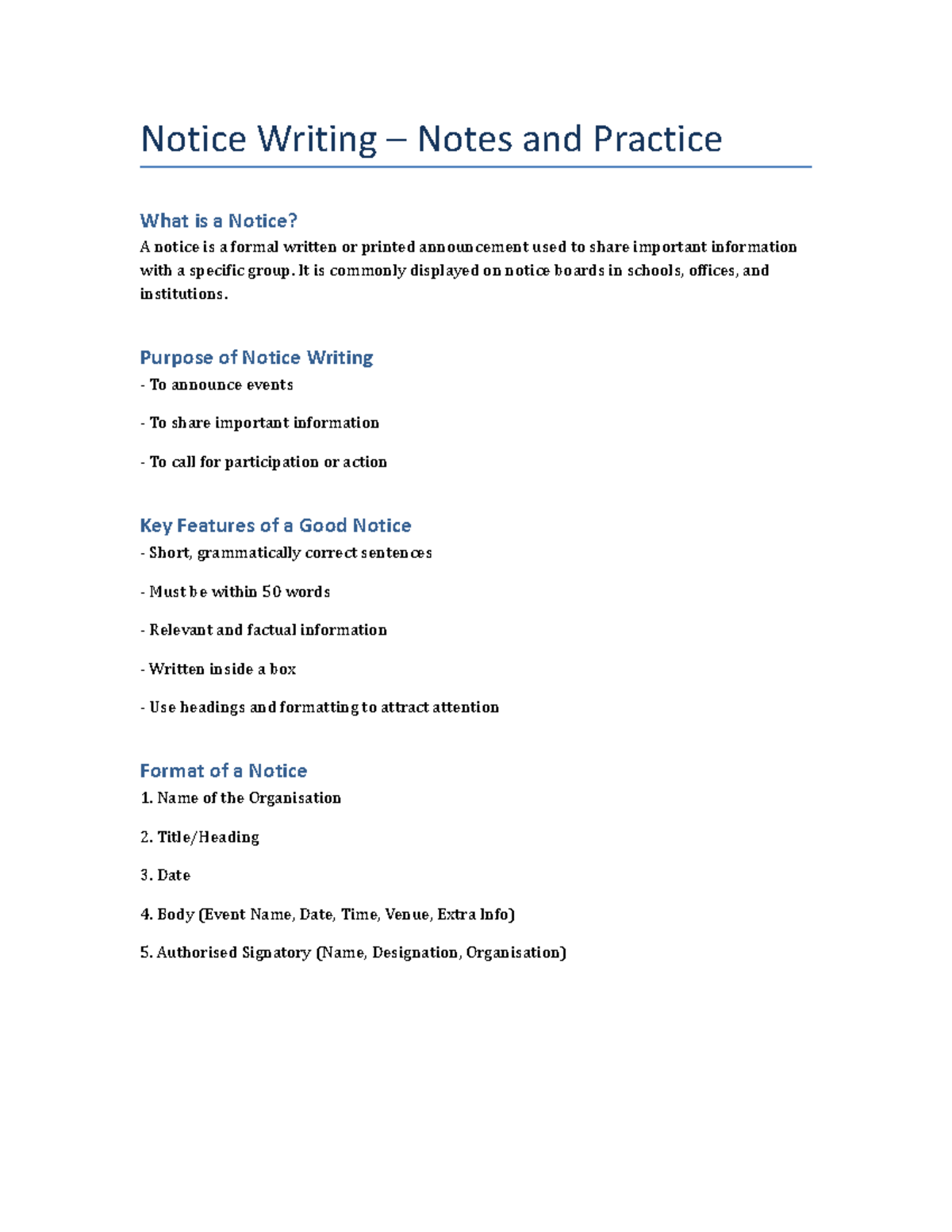 Notice Writing: Purpose, Format, and Practice Exercises - Studocu