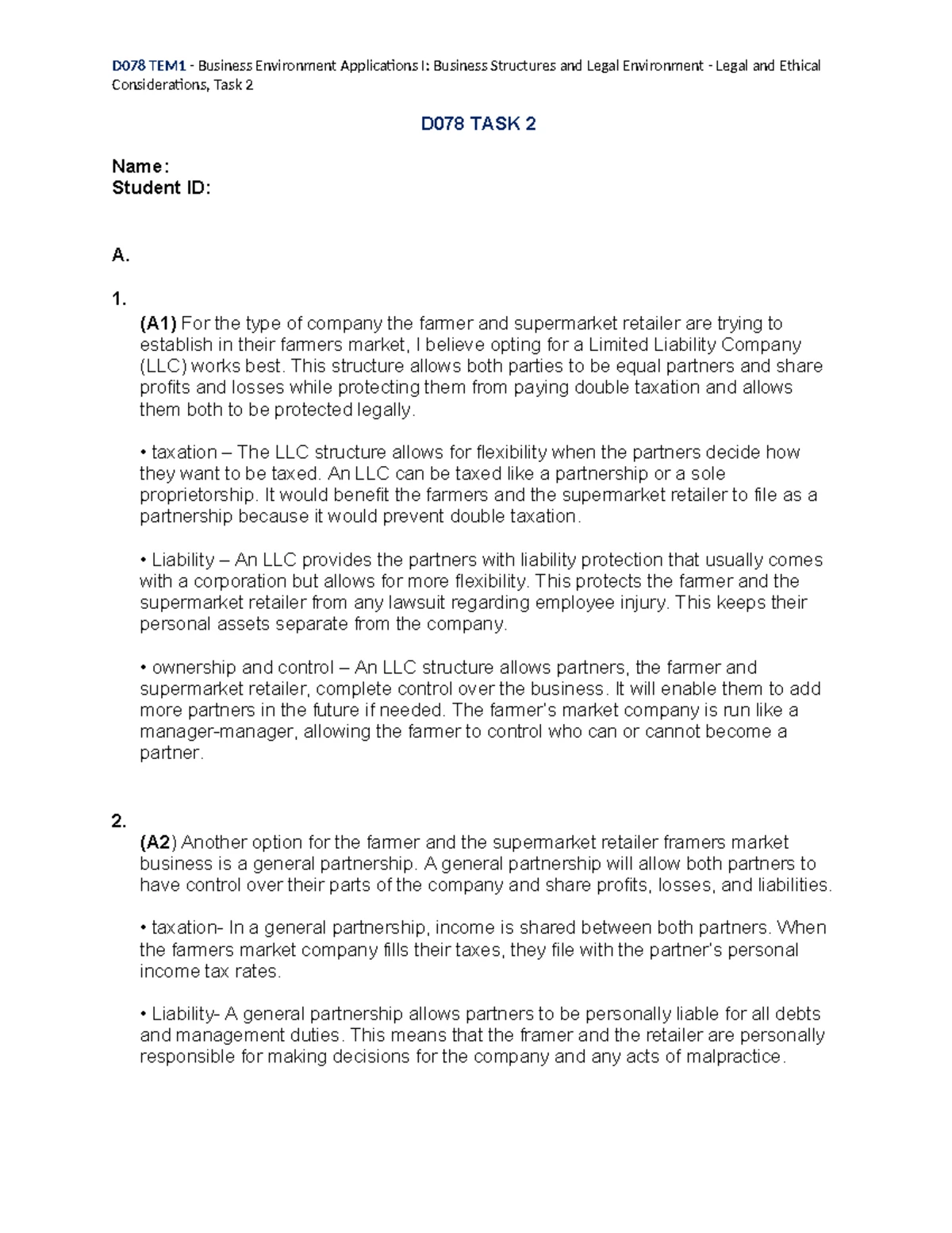 D078 - Task 2 Template: Legal & Ethical Considerations in Business ...