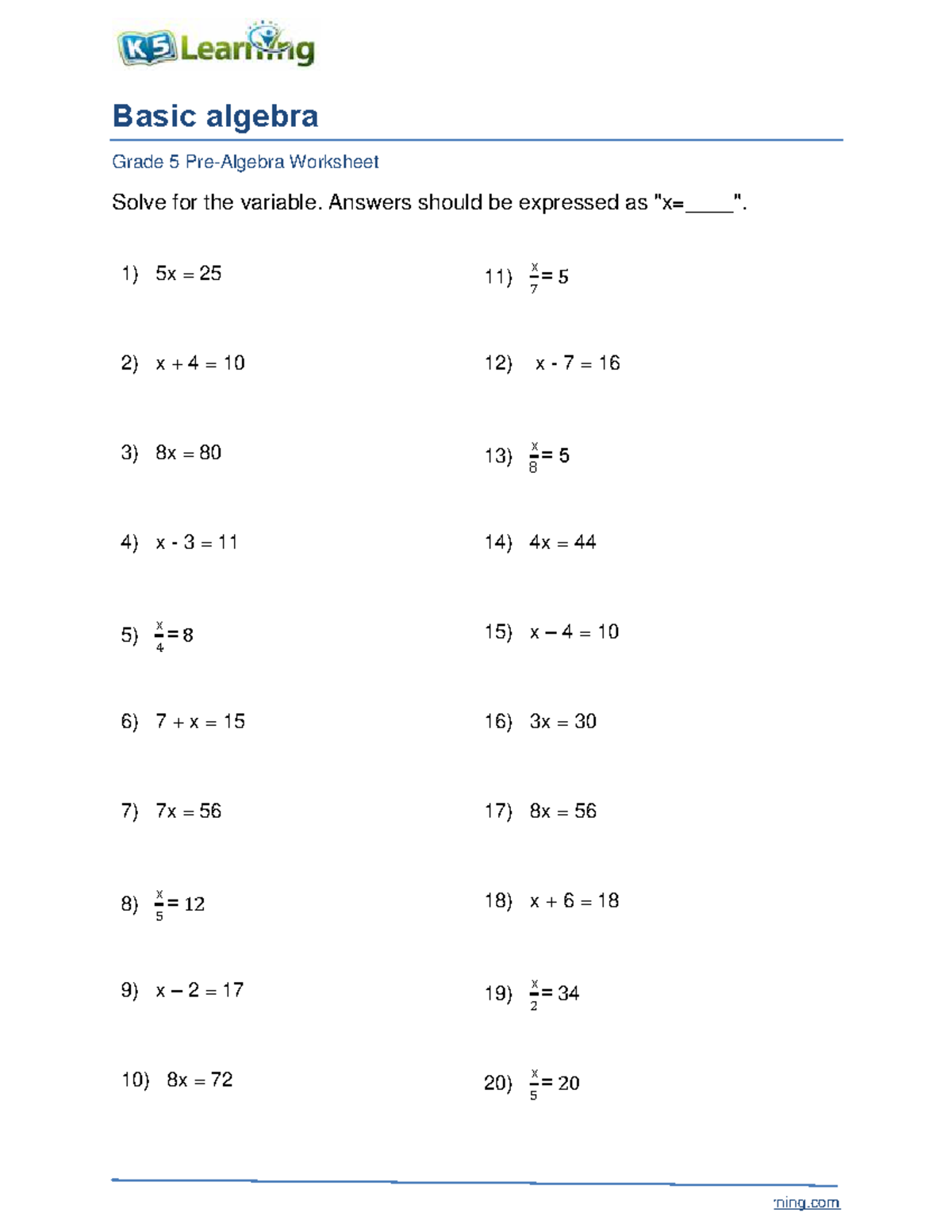 Algebra 1: Grade 5 Basic Worksheet on Solving for Variables - Studocu