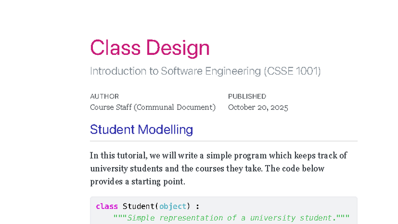 Class Design - Lecture Notes for Software Engineering (CSSE 1001) - Studocu
