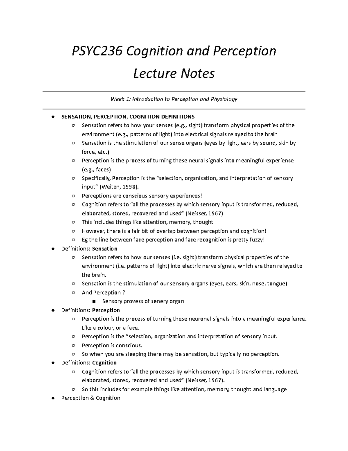 Psyc236 complete notes - PSYC236 Cognition and Perception Lecture Notes ...