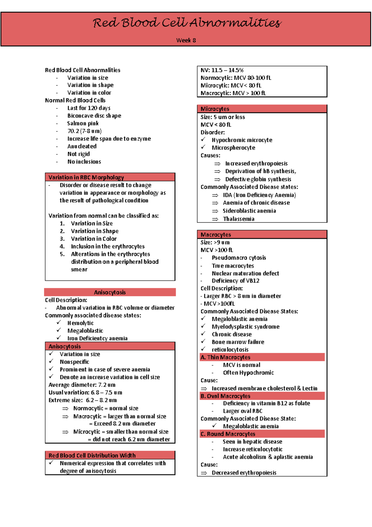 Hematology Lecture: RBC Abnormalities Overview (Week 8) - Studocu
