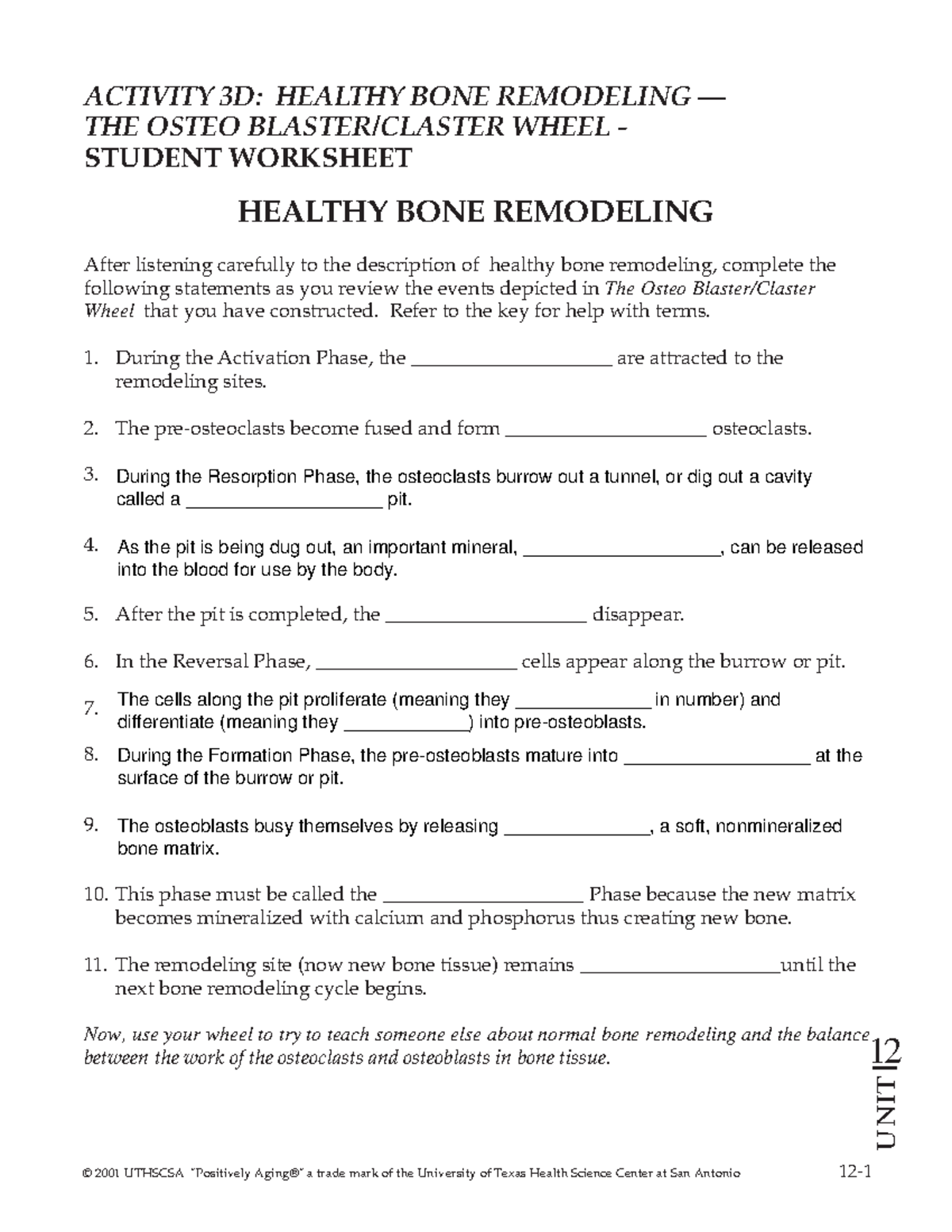 Healthy Bone Remodeling Activity Worksheet - Unit 12 - 12- UNIT 12 ...