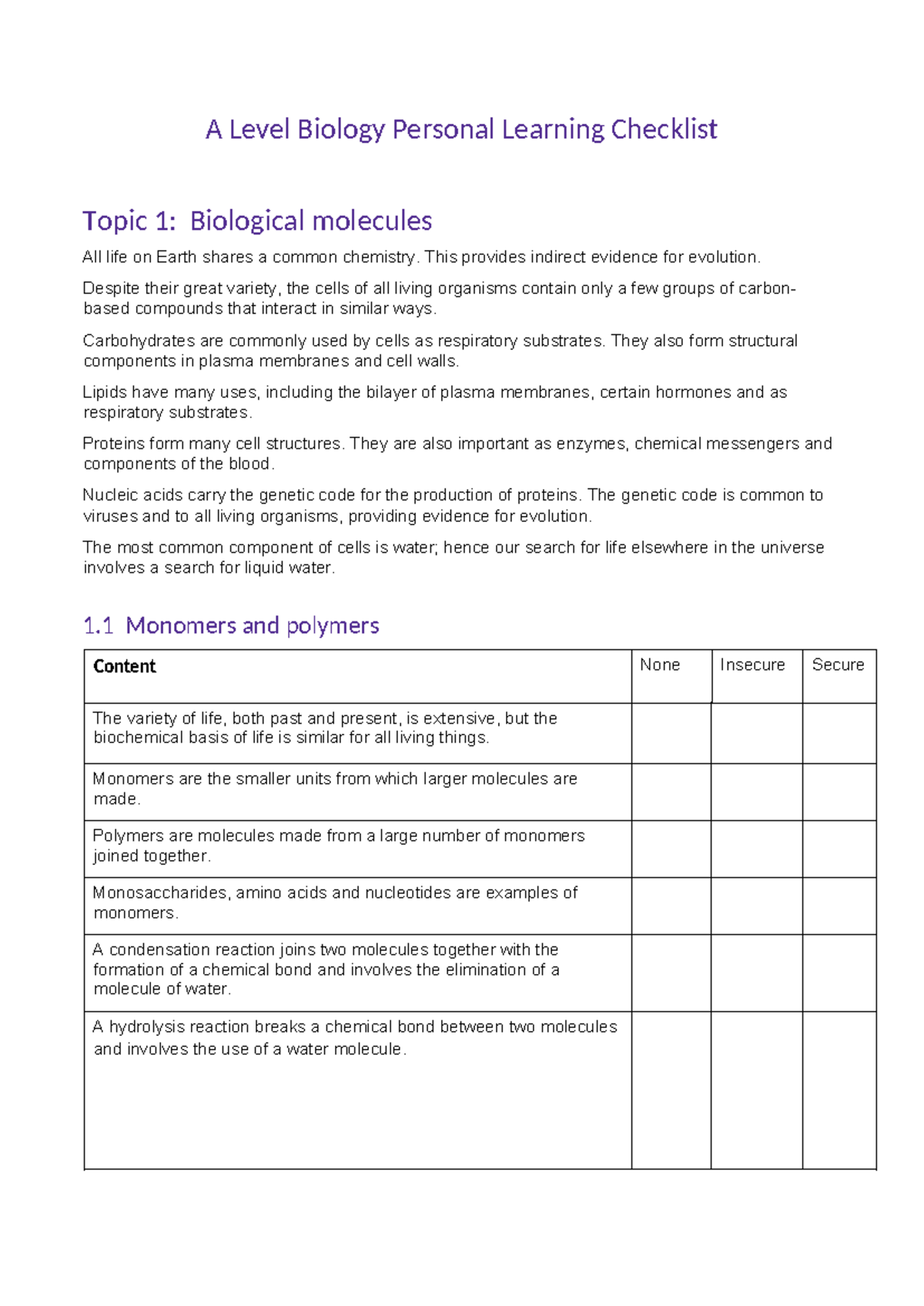 AQA A Level Biology Topic 1 & 2 - Personal Learning Checklist - Studocu