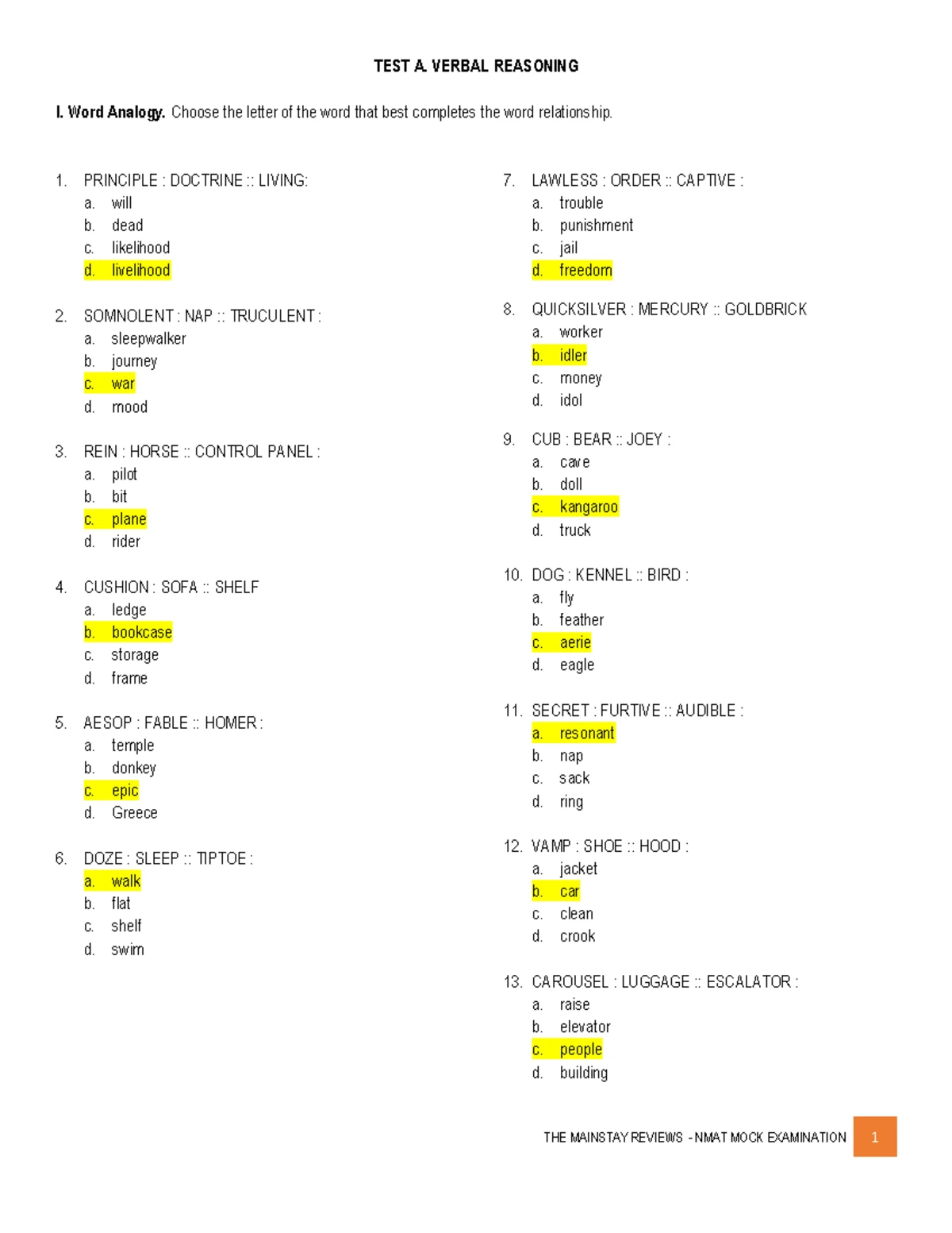 NMAT Mock Exam Part 2 Answer Key: Biology & Physics - Studocu