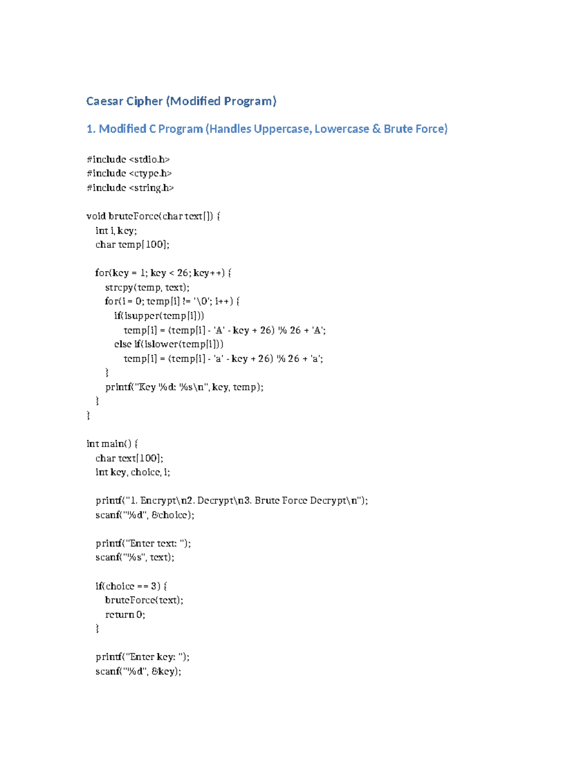 Modified Caesar Cipher Program (C) - Brute Force Method - Studocu