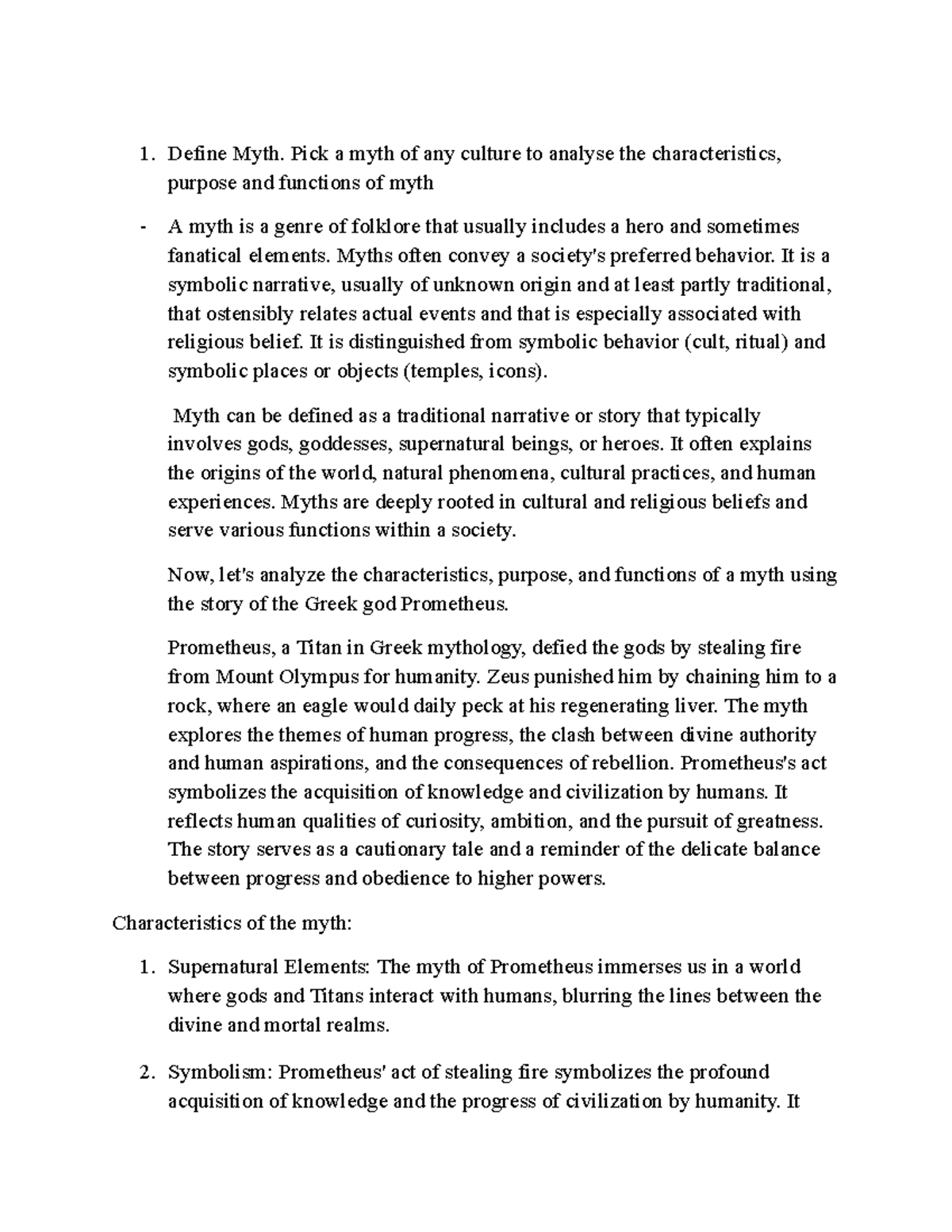 Defining myth, and Analysing the characteristics, purpose and functions ...