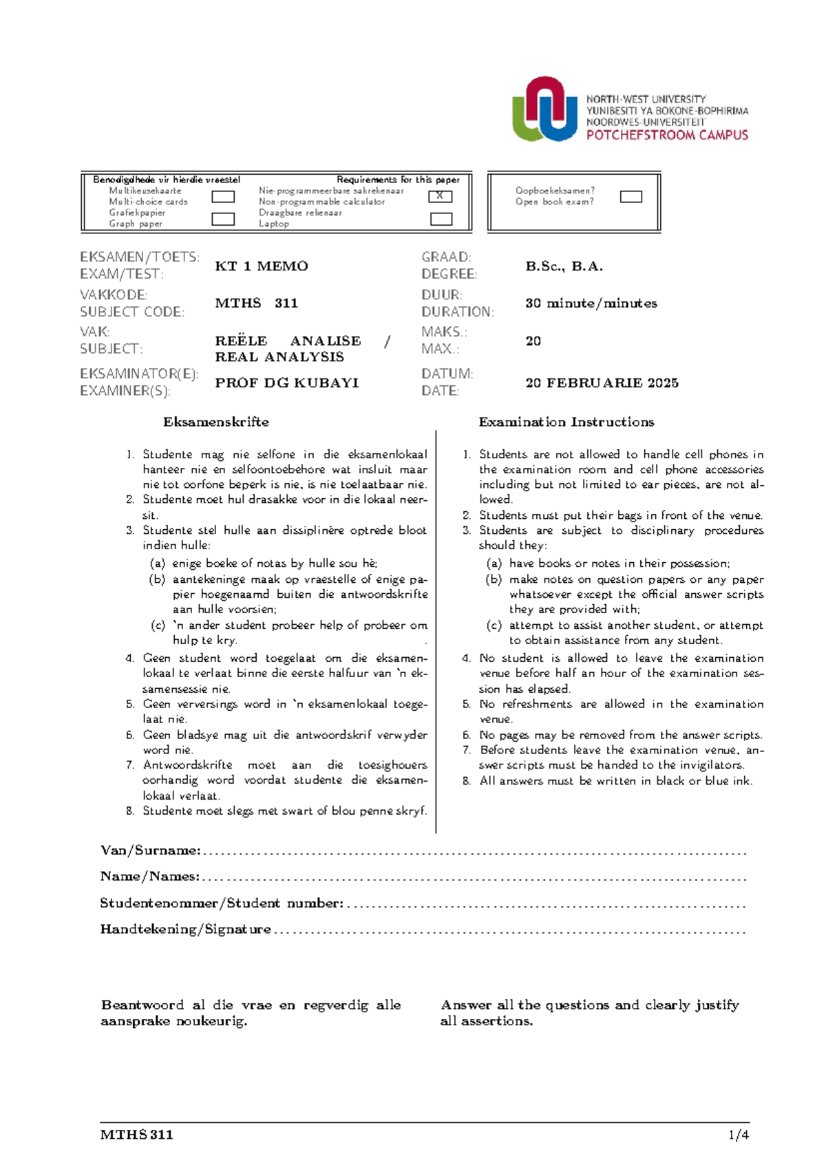 MTHS 311 2025 KT 1 Memo - Class Test Requirements and Instructions ...