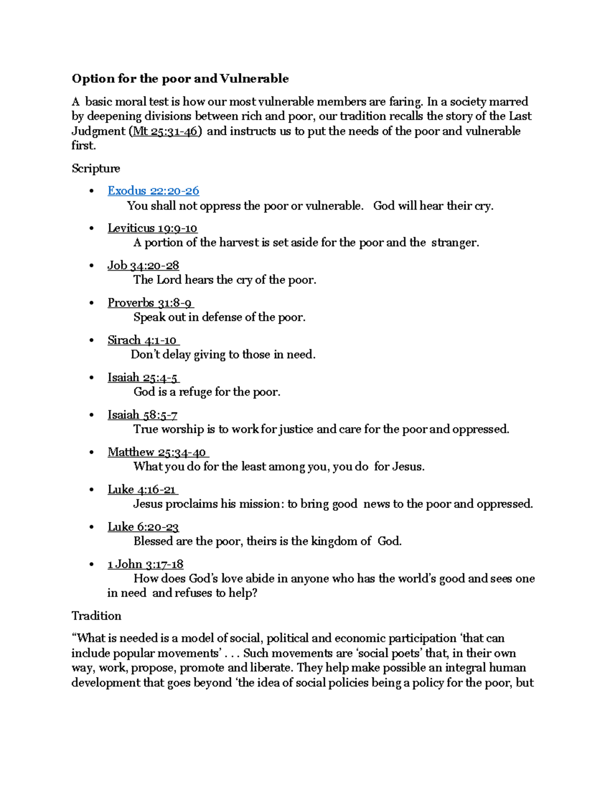 Theo7 - notes for theo - Option for the poor and Vulnerable A basic moral test is how our most ...