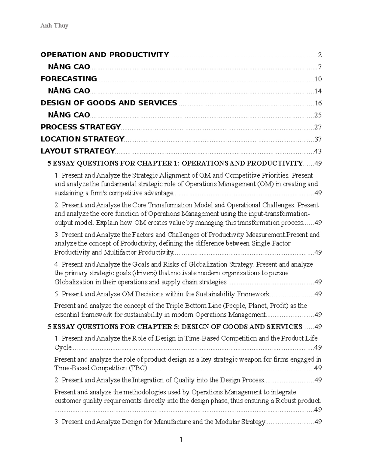 Operation Management Review: Key Concepts and Essay Questions (OM 101 ...