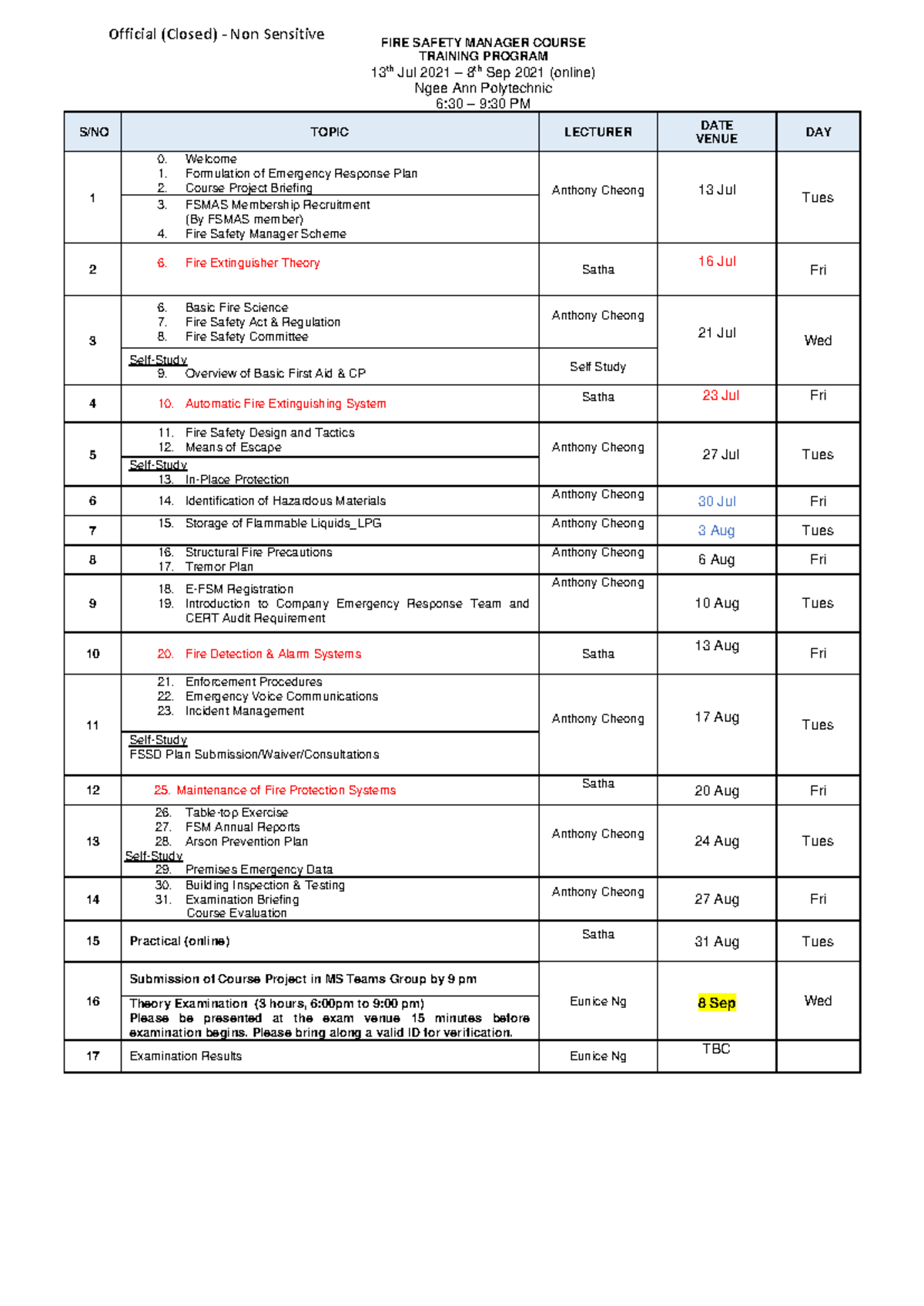 FSM NP Fire Safety Manager Course Schedule (Class 2, Jul-Sep 2021 ...