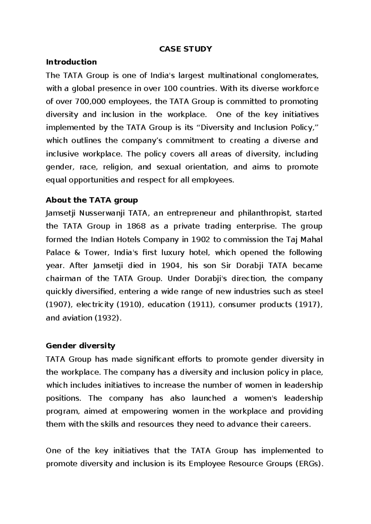 CASE STUDY: Diversity and Inclusion Initiatives at TATA Group - Studocu