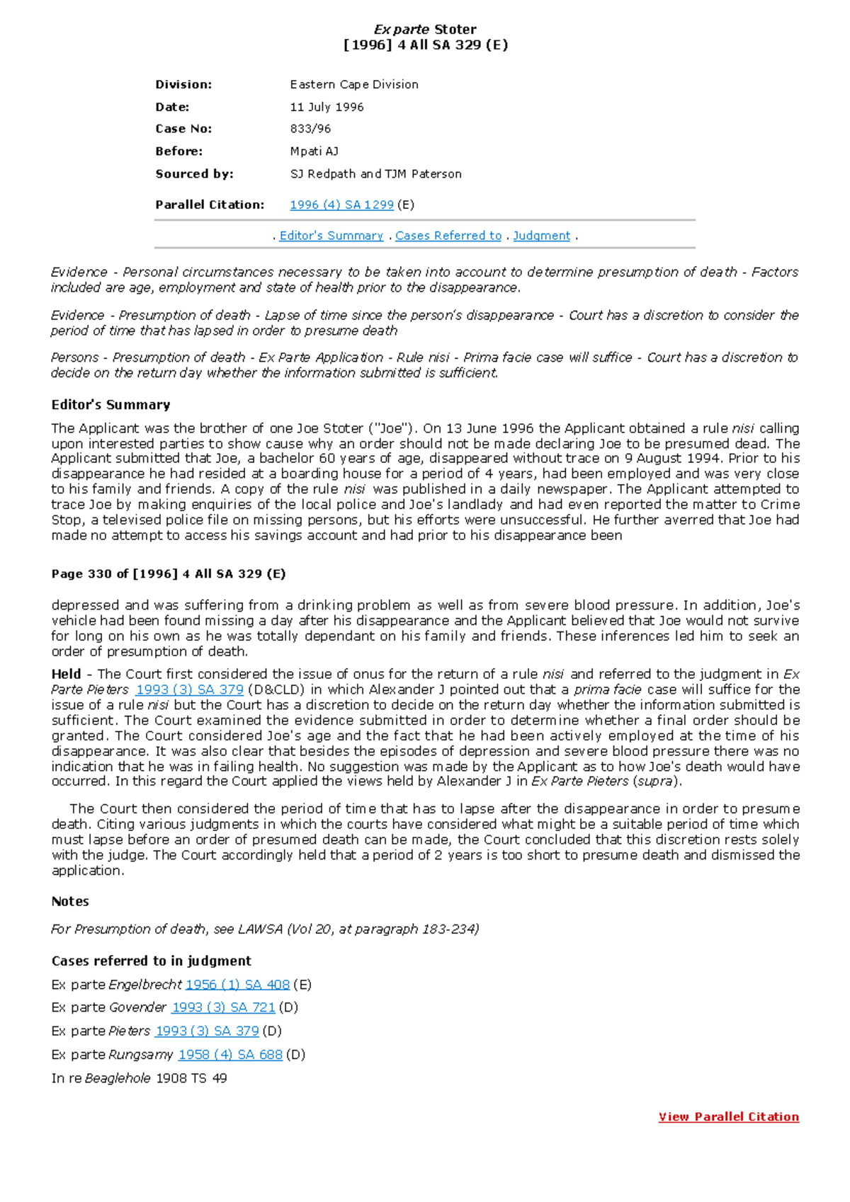 Ex Parte Stoter: Presumption of Death Case [1996] 4 All SA 329 (E ...