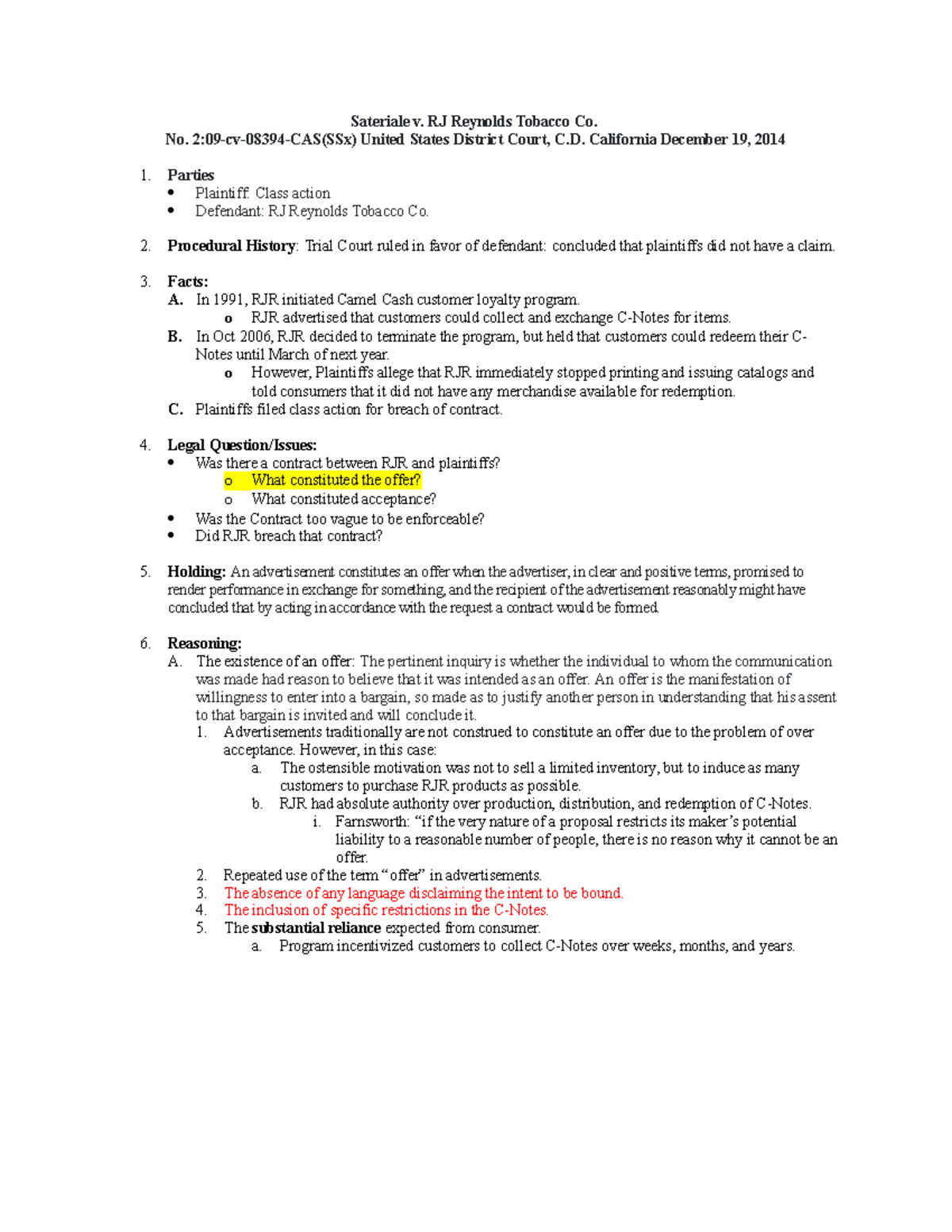 Sateriale v. RJ Reynolds Tobacco Co. - Case Brief Analysis