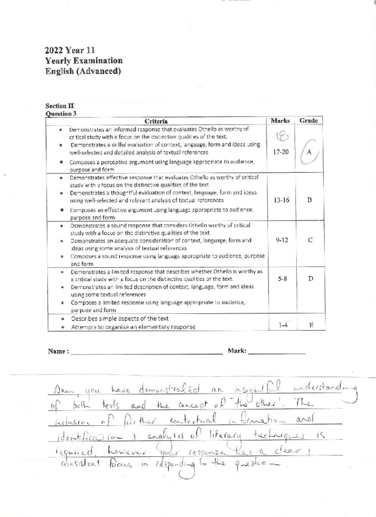 Othello Baca Year 11 English (Advanced) Yearly Exam Response Analysis ...