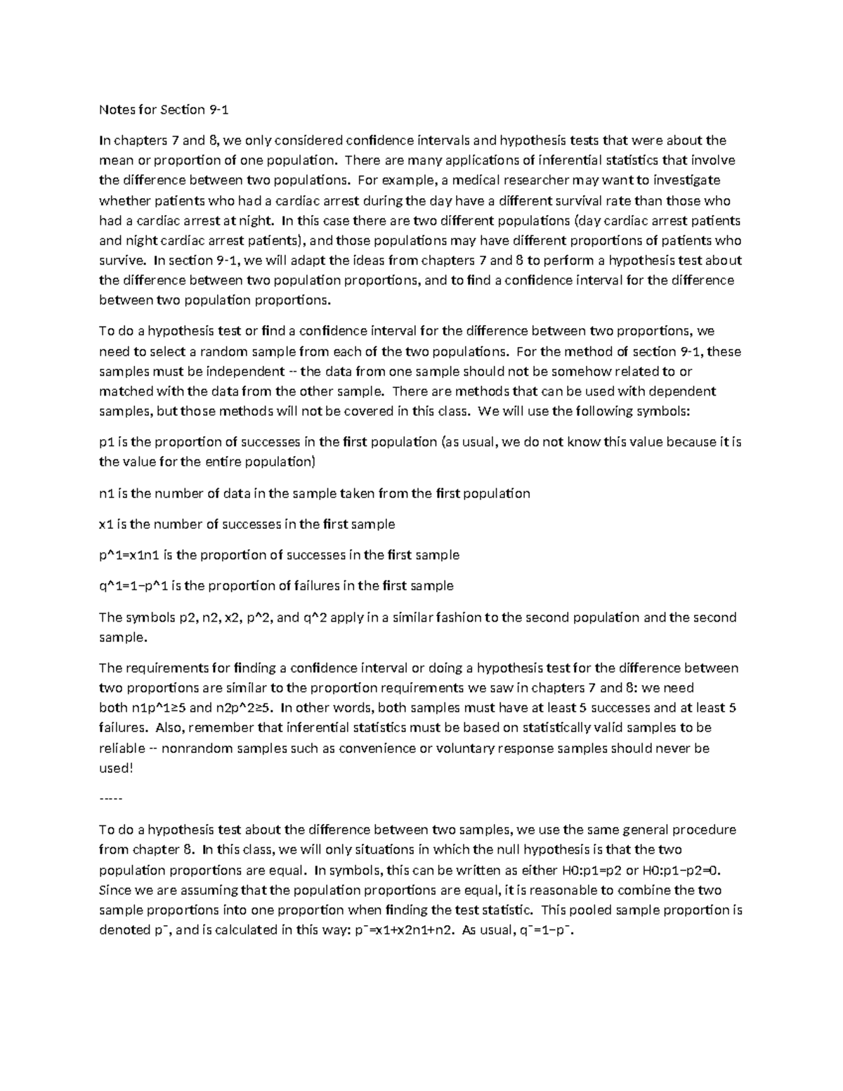 Notes for Section 9 - Hypothesis Testing for Two Proportions - Studocu