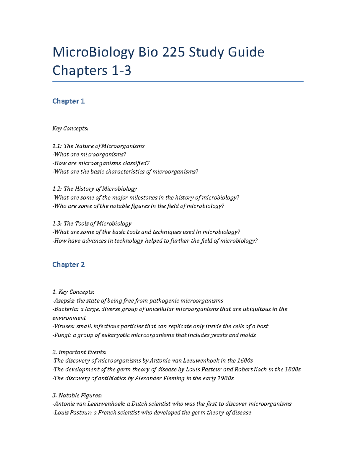 Microbiology Bio 225 Study Guide: Key Concepts from Chapters 1-3 - Studocu