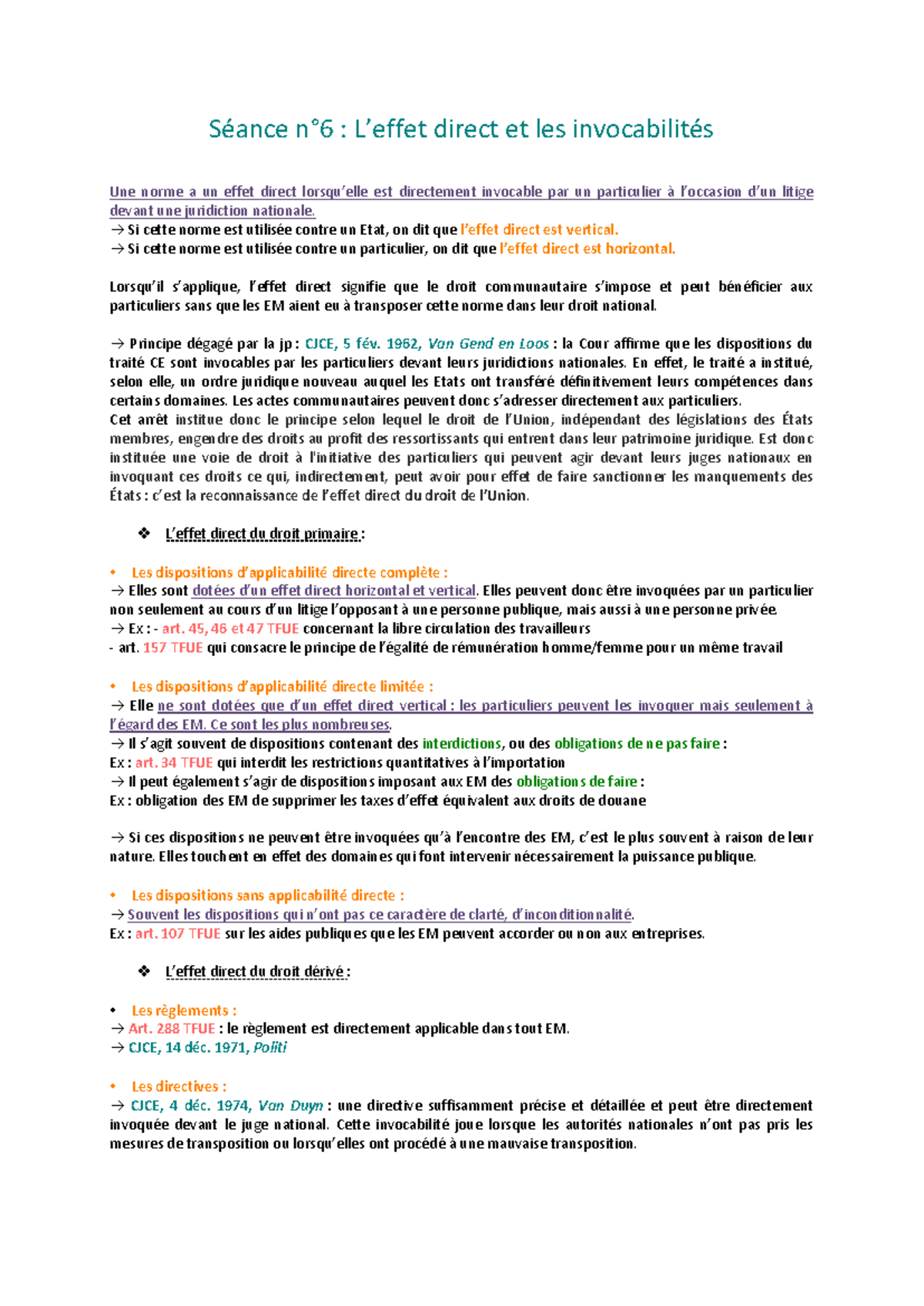 Fiche n°6 - L'effet direct et les invocabilités en droit de l'UE - Studocu