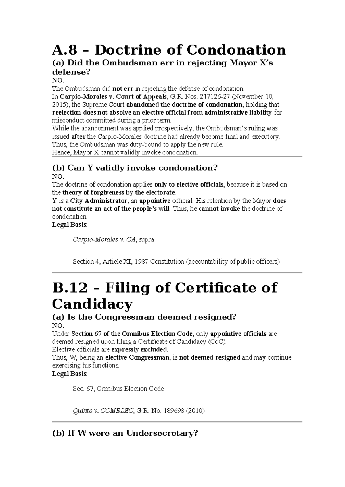 BAR Question Admin LAW: Doctrine of Condonation & CoC Filing - Studocu