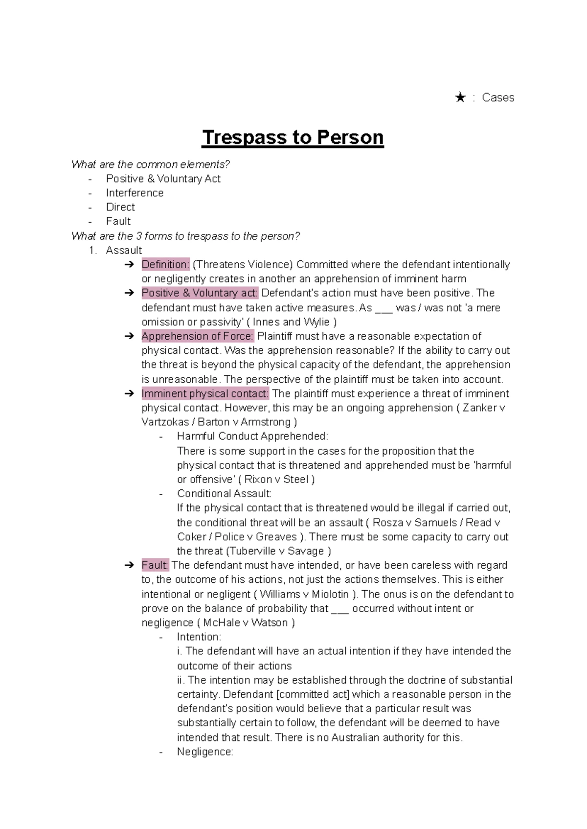 LAW1113 Torts Final Exam Notes by Samantha Yee - Studocu